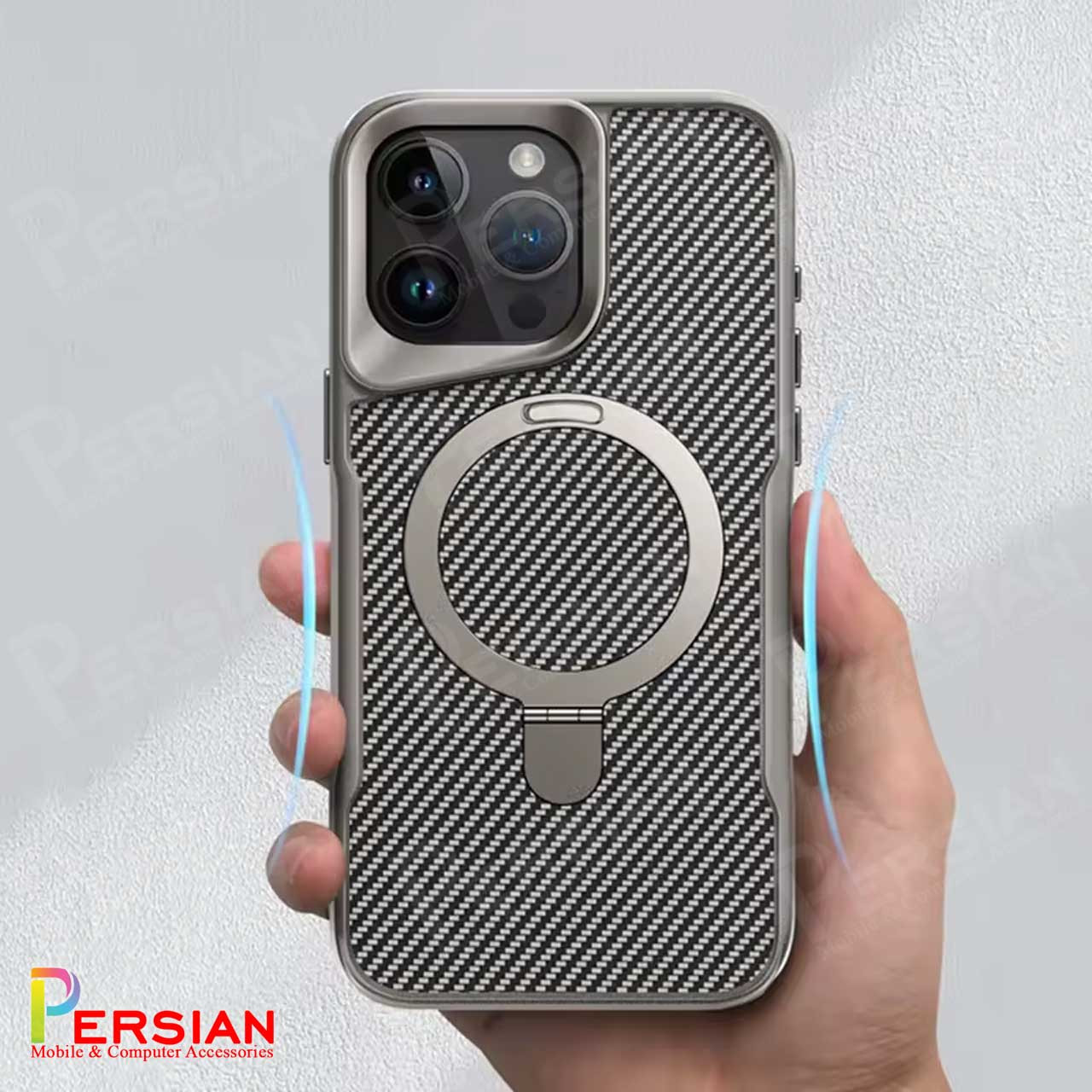 قاب گوشی آیفون 16 پرومکس طرح فیبر کربن مگ سیف استند شو برند مجیک ماسک Fiber Carbon Magic Mask Case iPhone 16 Pro Max