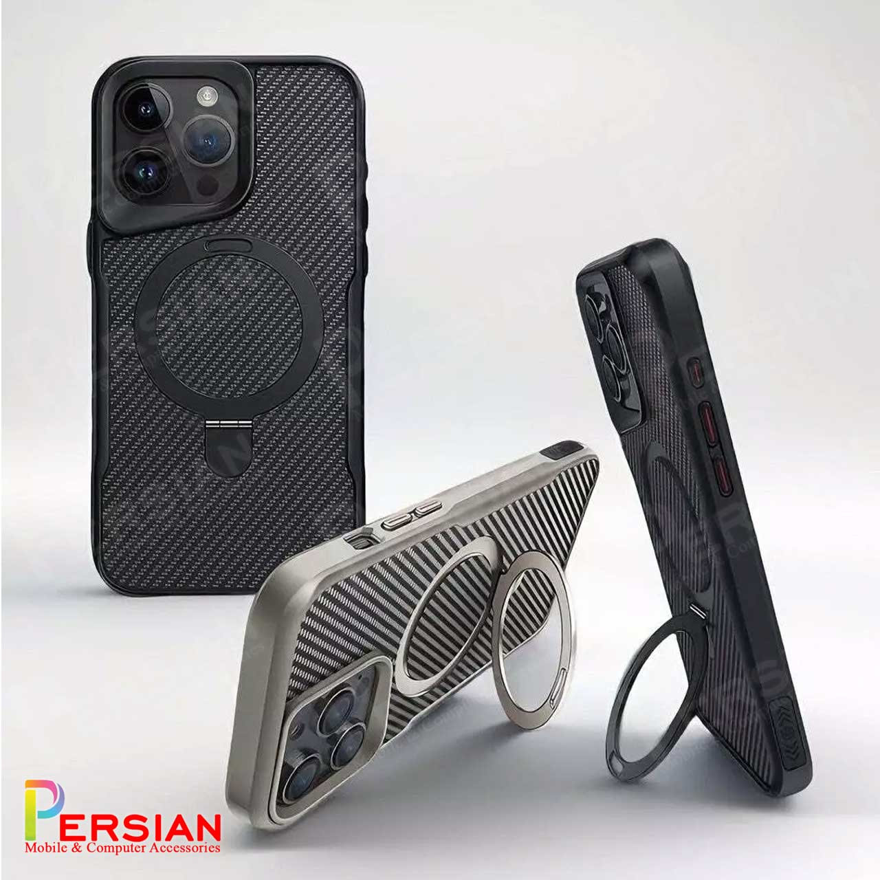 قاب گوشی آیفون 16 پرومکس طرح فیبر کربن مگ سیف استند شو برند مجیک ماسک Fiber Carbon Magic Mask Case iPhone 16 Pro Max