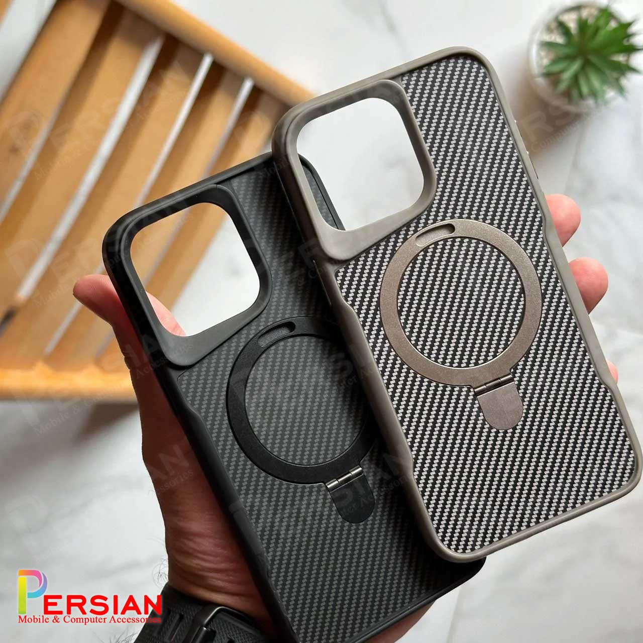 قاب گوشی آیفون 16 پرومکس طرح فیبر کربن مگ سیف استند شو برند مجیک ماسک Fiber Carbon Magic Mask Case iPhone 16 Pro Max