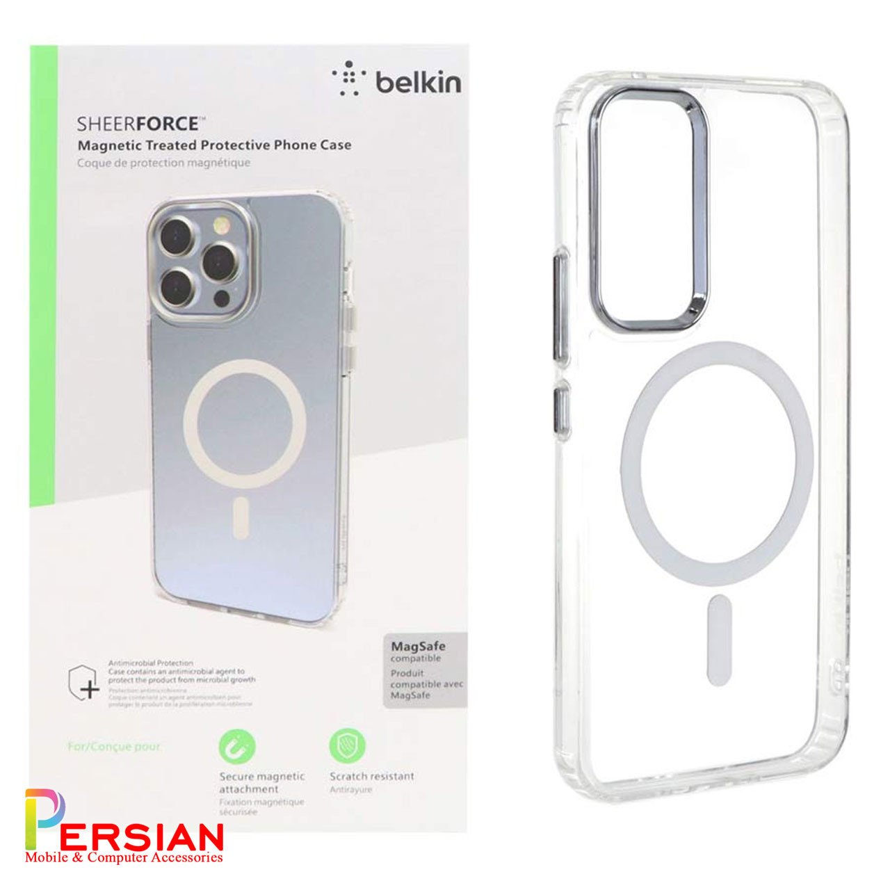 قاب شفاف گوشی سامسونگ A54 برند بلکین با مگ سیف و دکمه و رینگ متال Belkin For Samsung A54