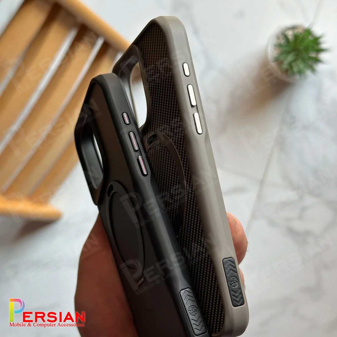 قاب گوشی آیفون 16 پرومکس طرح فیبر کربن مگ سیف استند شو برند مجیک ماسک Fiber Carbon Magic Mask Case iPhone 16 Pro Max