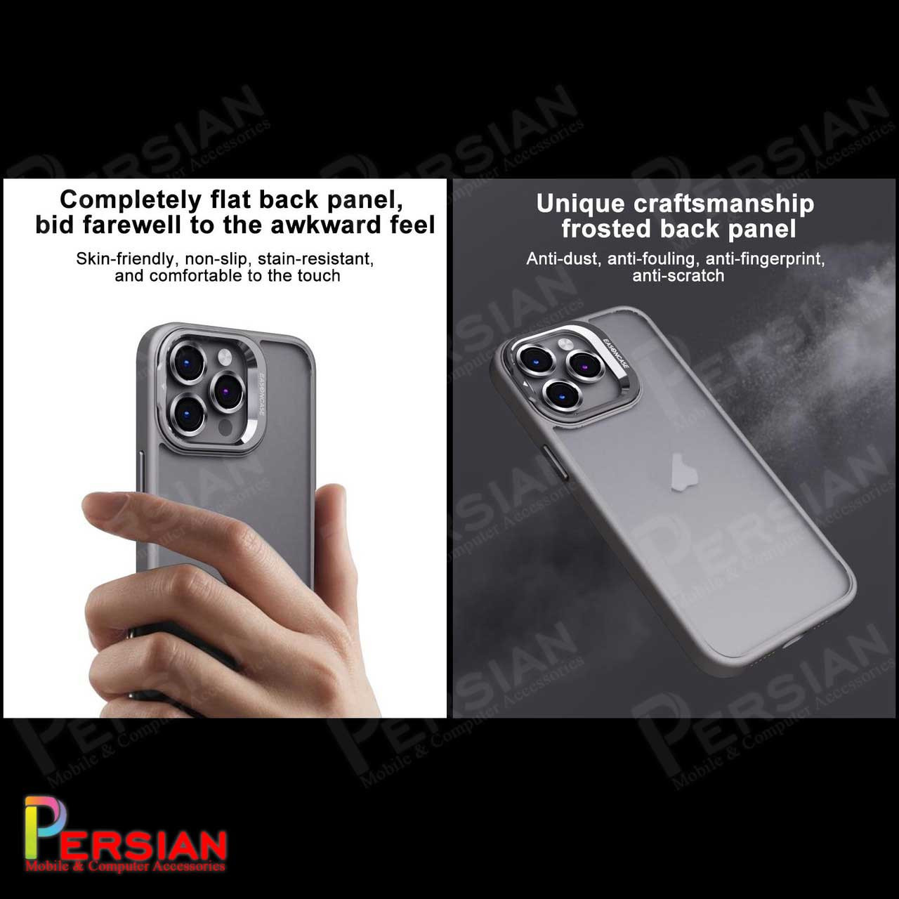 قاب آیفون 15 پرومکس برند ایسون کیس شفاف استند شو با محافظ لنز رینگی  Eason Case IPhone 15 Pro Max