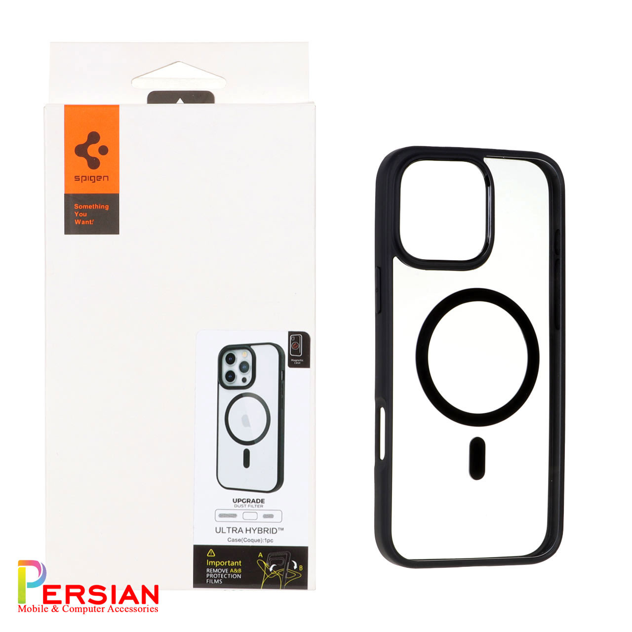 قاب آیفون 16 پرومکس برند اسپیگن شفاف دور رنگی با مگ سیف و محافظ اسپیکر Spigen Ultra Hybrid (MagFit) iPhone 16 Pro Max