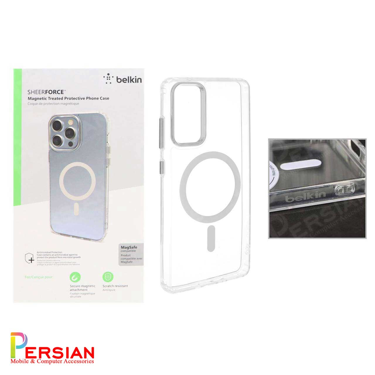 قاب شفاف گوشی سامسونگ S20 FE برند بلکین با مگ سیف و دکمه و رینگ متال Belkin For Samsung S20 FE