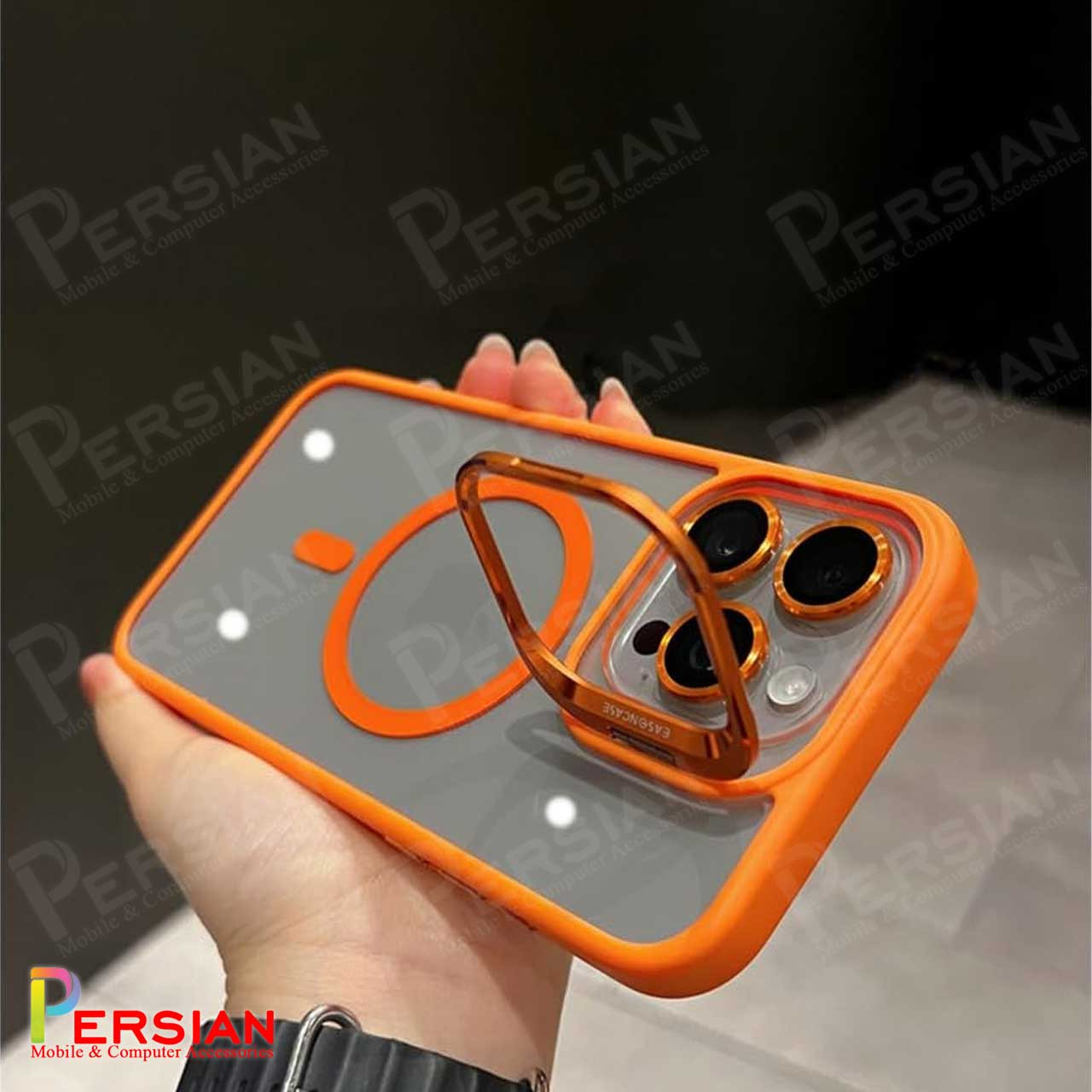 قاب آیفون 15 پرومکس شفاف استند شو ایسون کیس با مگ سیف و محافظ لنز رینگی Eason Case IPhone 15 Pro Max