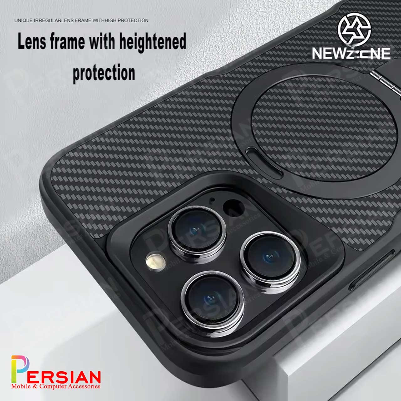 قاب گوشی آیفون 13 طرح فیبر کربن مگ سیف استند شو برند مجیک ماسک Fiber Carbon Magic Mask Case iPhone 13