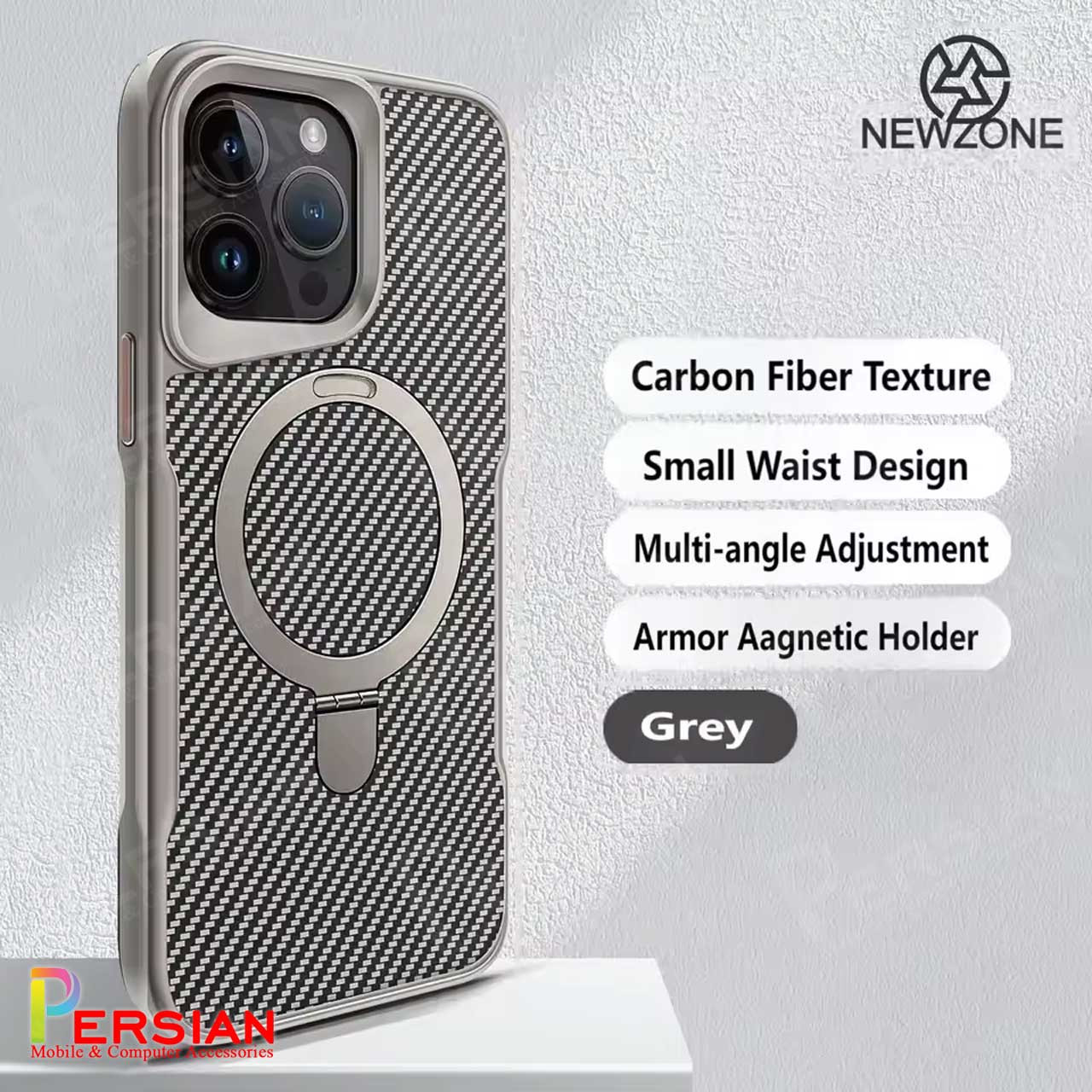 قاب گوشی آیفون 16 پرومکس طرح فیبر کربن مگ سیف استند شو برند مجیک ماسک Fiber Carbon Magic Mask Case iPhone 16 Pro Max