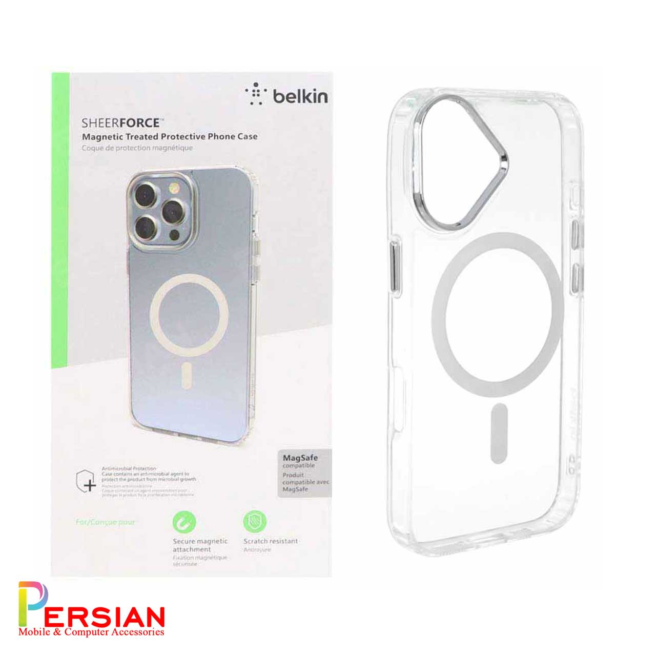 قاب شفاف گوشی آیفون 17 برند بلکین با مگ سیف و دکمه و رینگ متال Belkin For IPhone 17