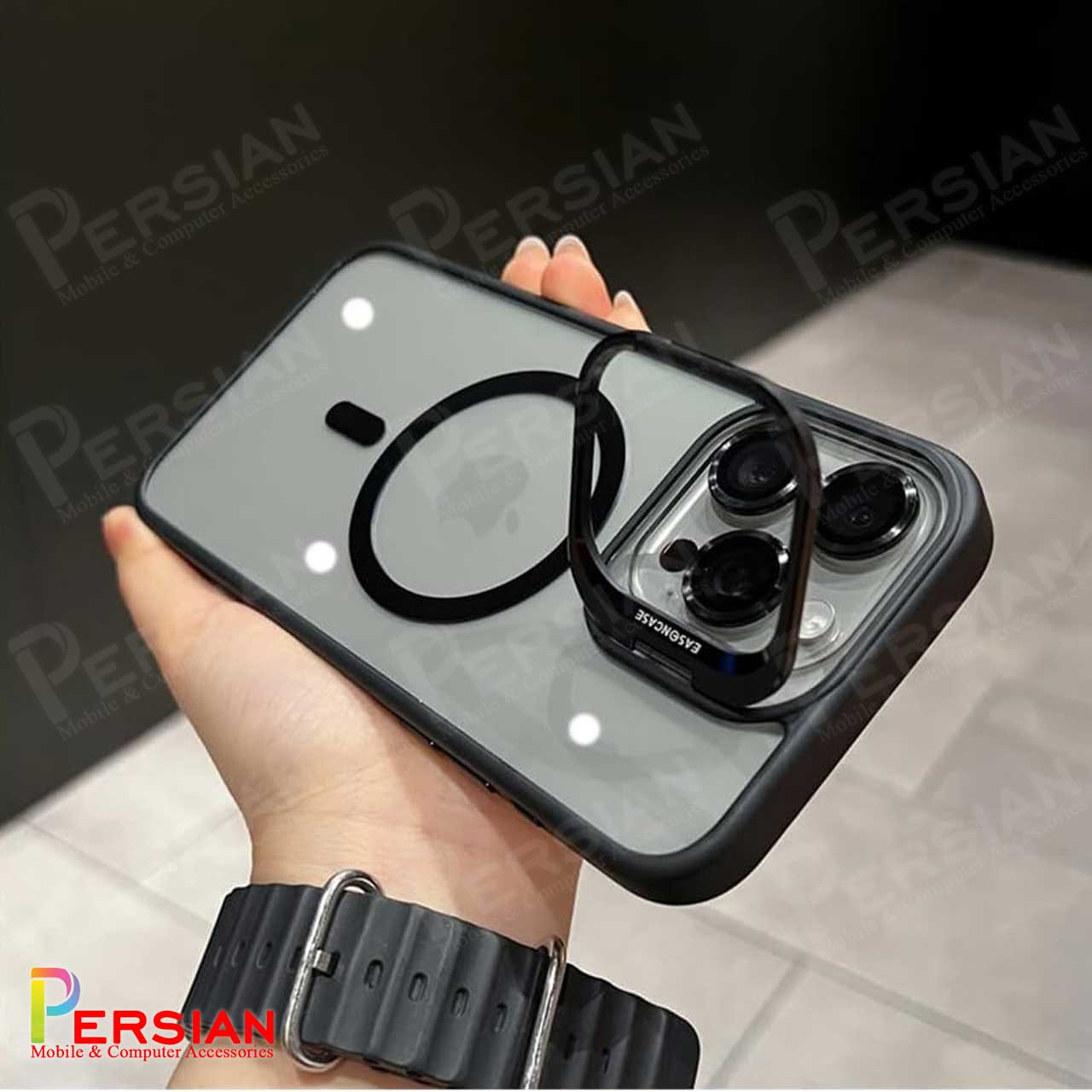 قاب آیفون 15 پرو شفاف استند شو ایسون کیس با مگ سیف ومحافظ لنز رینگی Eason Case IPhone 15 Pro