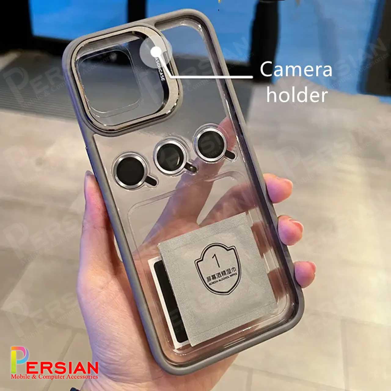 قاب آیفون 15 پرومکس برند ایسون کیس شفاف استند شو با محافظ لنز رینگی  Eason Case IPhone 15 Pro Max