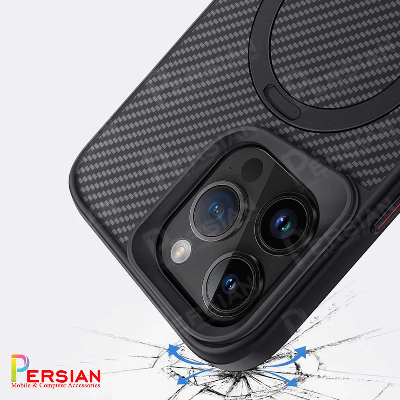 قاب گوشی آیفون 13 طرح فیبر کربن مگ سیف استند شو برند مجیک ماسک Fiber Carbon Magic Mask Case iPhone 13