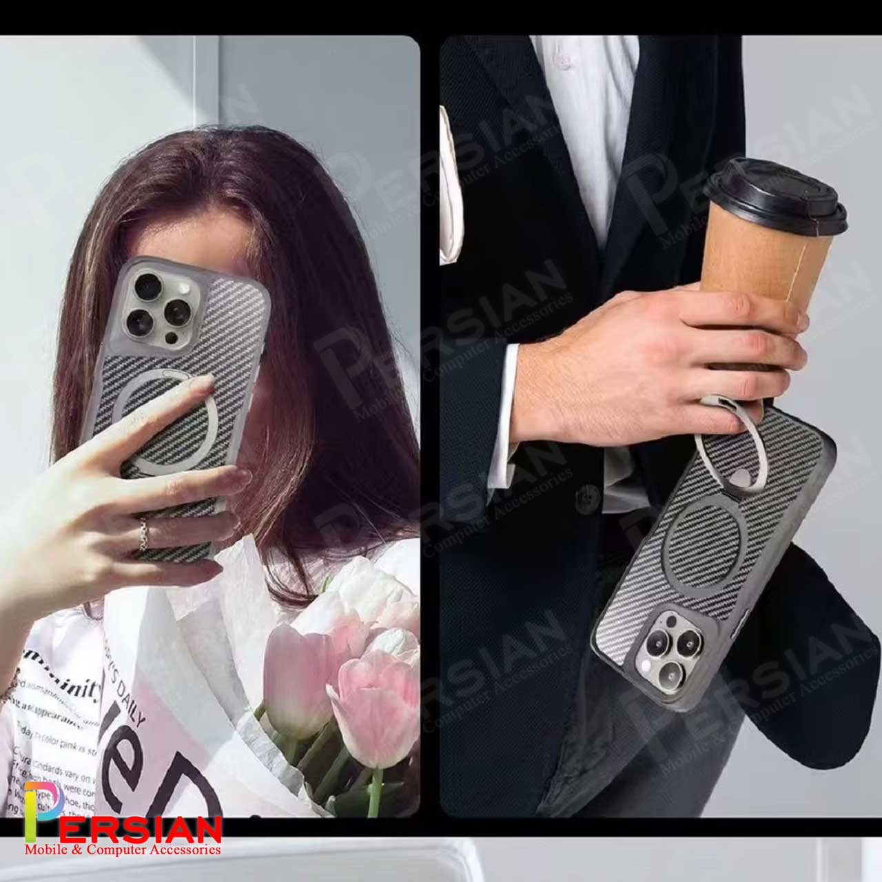 قاب گوشی آیفون 16 پرومکس طرح فیبر کربن مگ سیف استند شو برند مجیک ماسک Fiber Carbon Magic Mask Case iPhone 16 Pro Max