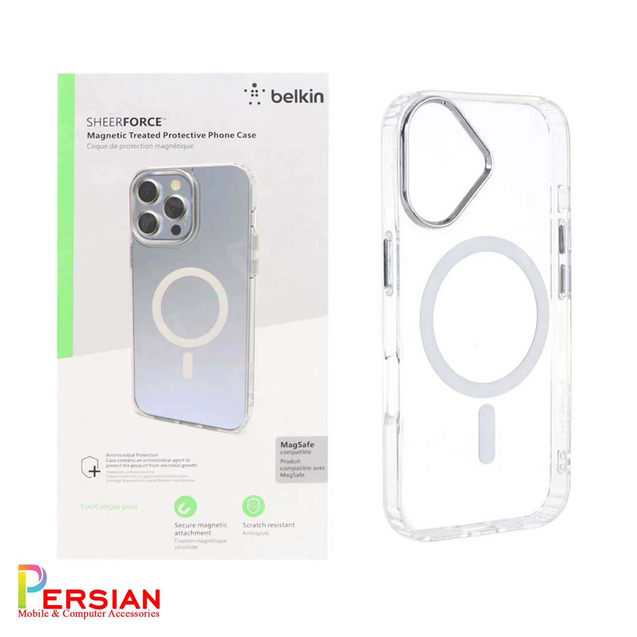 قاب شفاف گوشی آیفون 16 برند بلکین با مگ سیف و دکمه و رینگ متال Belkin For IPhone 16