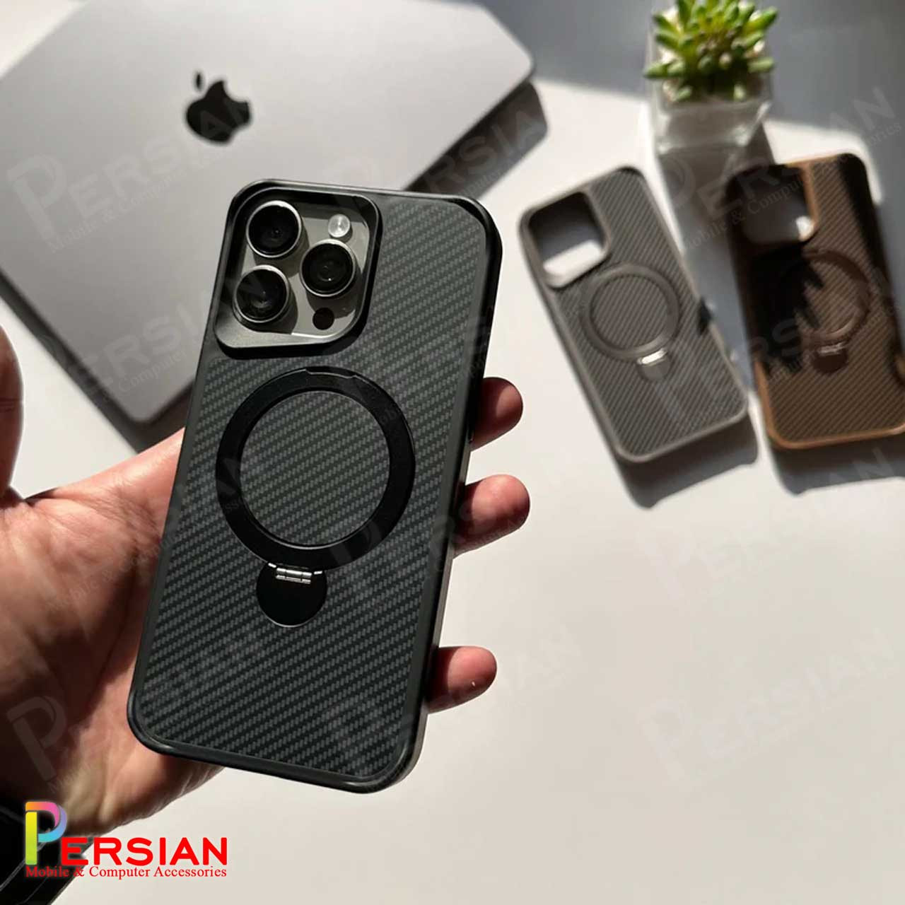 قاب گوشی آیفون 13 طرح فیبر کربن مگ سیف استند شو برند مجیک ماسک Fiber Carbon Magic Mask Case iPhone 13