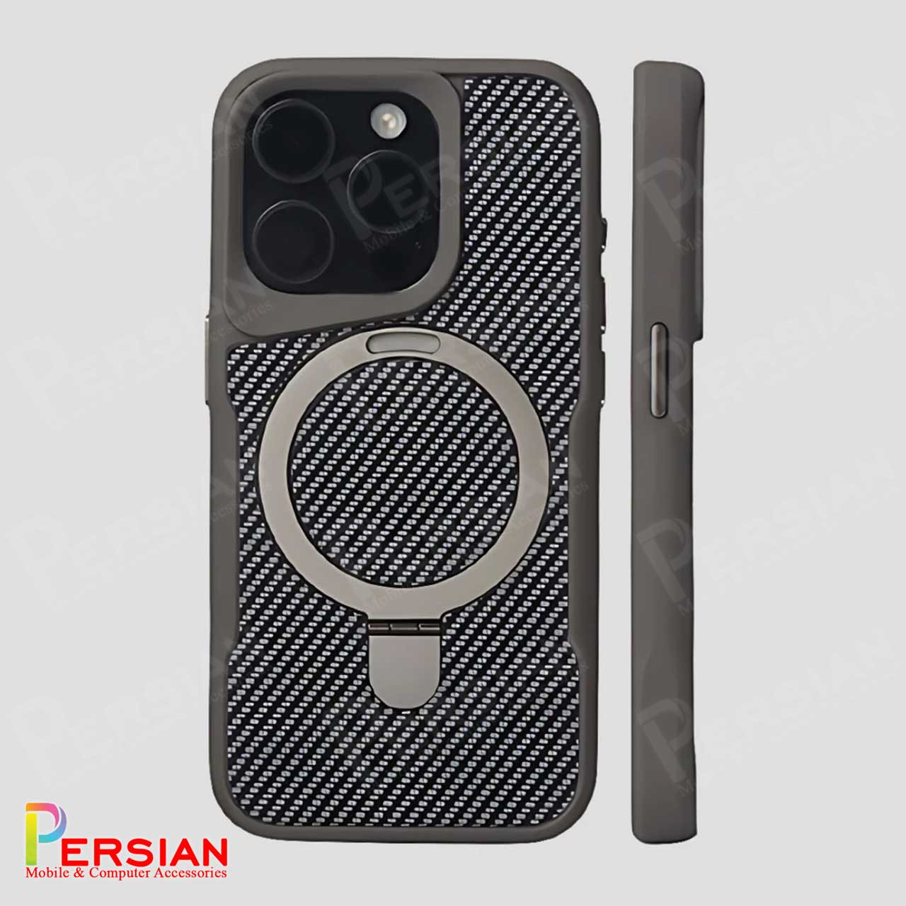 قاب گوشی آیفون 16 پرومکس طرح فیبر کربن مگ سیف استند شو برند مجیک ماسک Fiber Carbon Magic Mask Case iPhone 16 Pro Max
