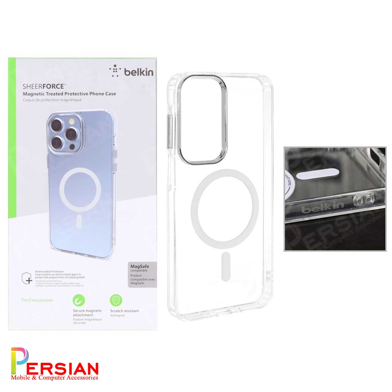 قاب شفاف گوشی سامسونگ A16 برند بلکین با مگ سیف و دکمه و رینگ متال Belkin For Samsung A16