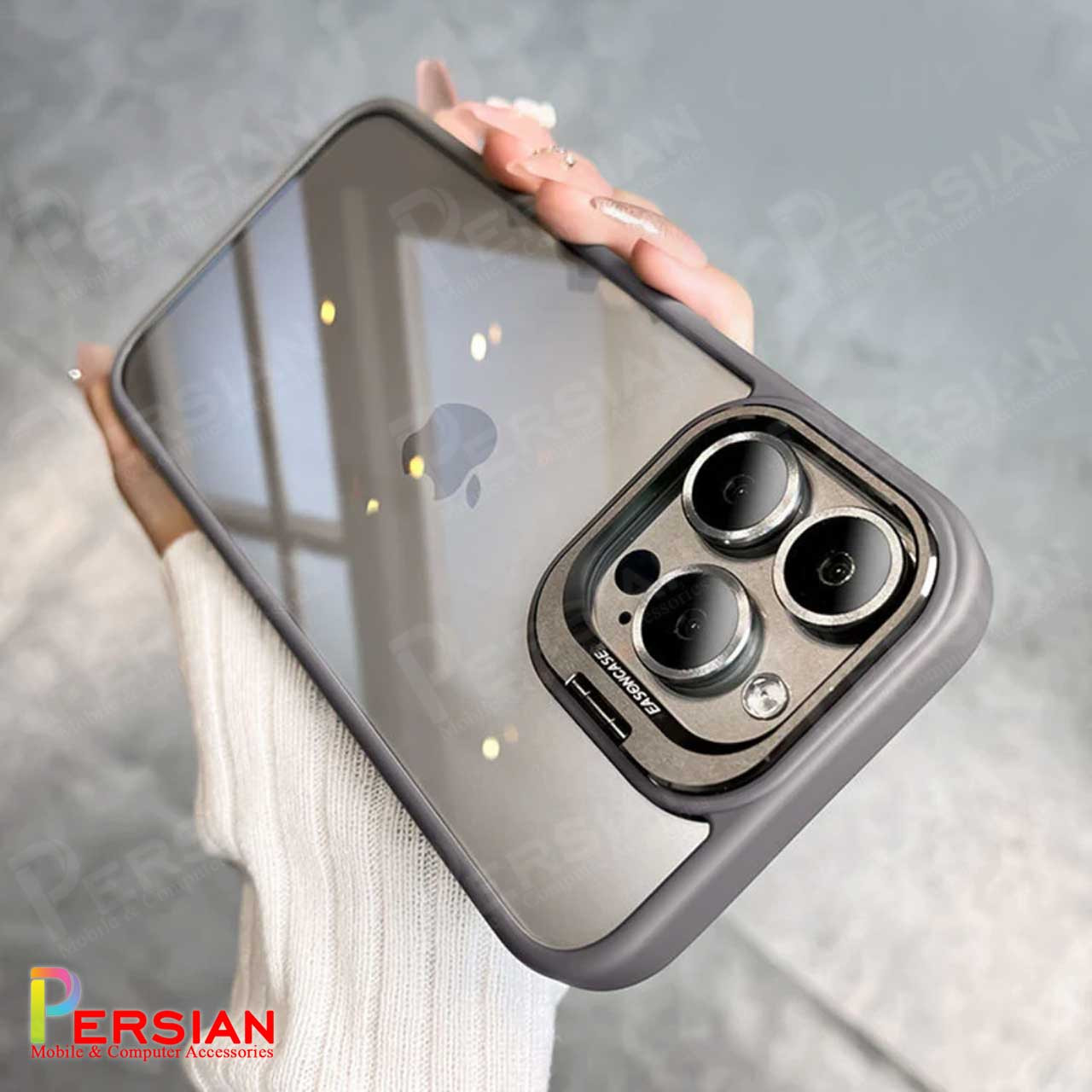 قاب آیفون 15 پرومکس برند ایسون کیس شفاف استند شو با محافظ لنز رینگی  Eason Case IPhone 15 Pro Max