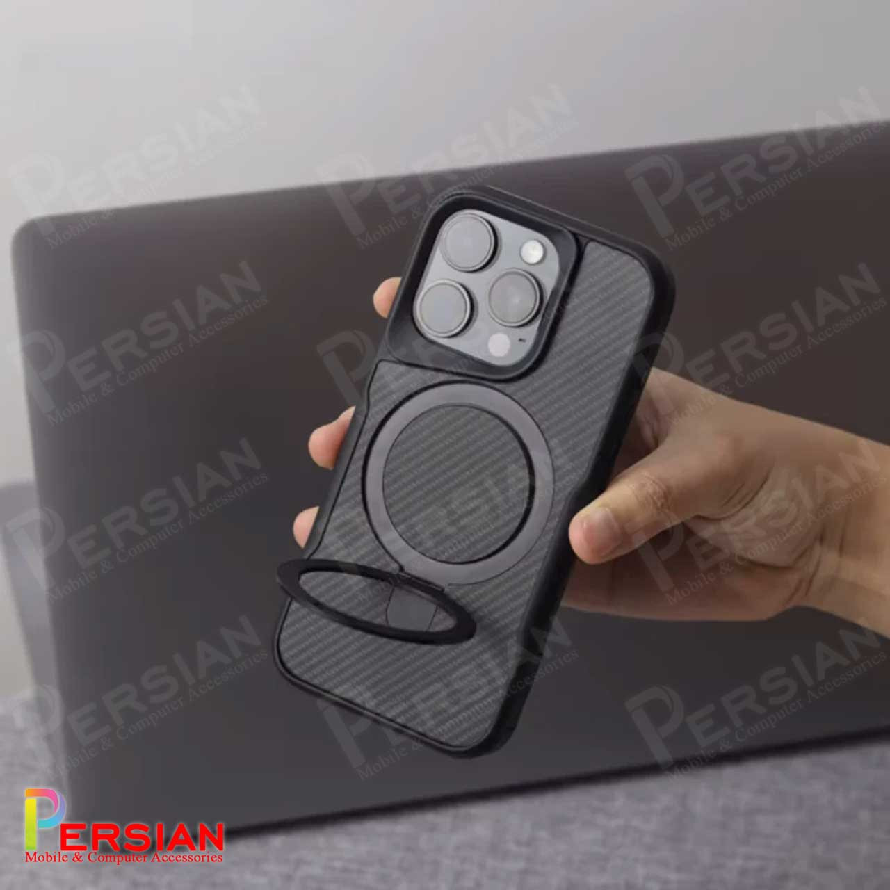 قاب گوشی آیفون 13 طرح فیبر کربن مگ سیف استند شو برند مجیک ماسک Fiber Carbon Magic Mask Case iPhone 13