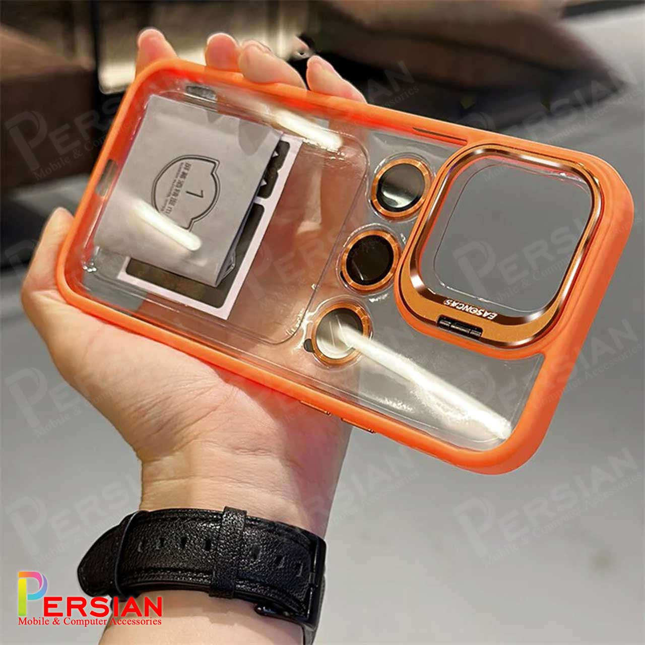 قاب آیفون 13 برند ایسون کیس شفاف استند شو با محافظ لنز رینگی Eason Case IPhone 13