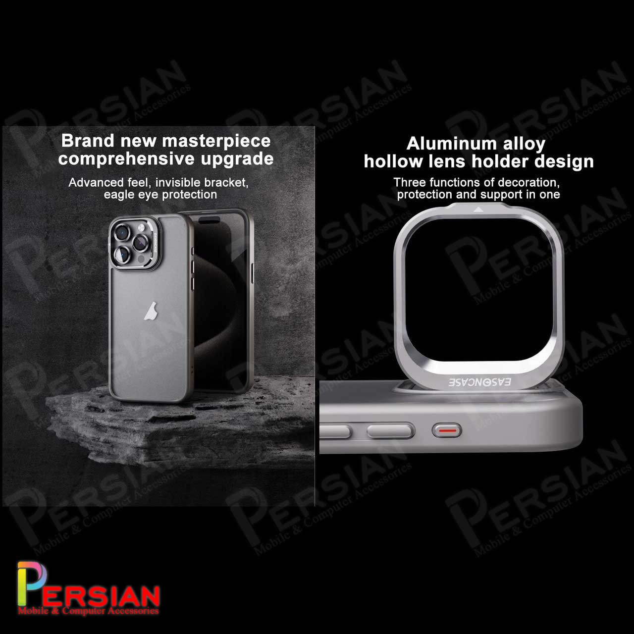 قاب آیفون 15 پرومکس برند ایسون کیس شفاف استند شو با محافظ لنز رینگی  Eason Case IPhone 15 Pro Max