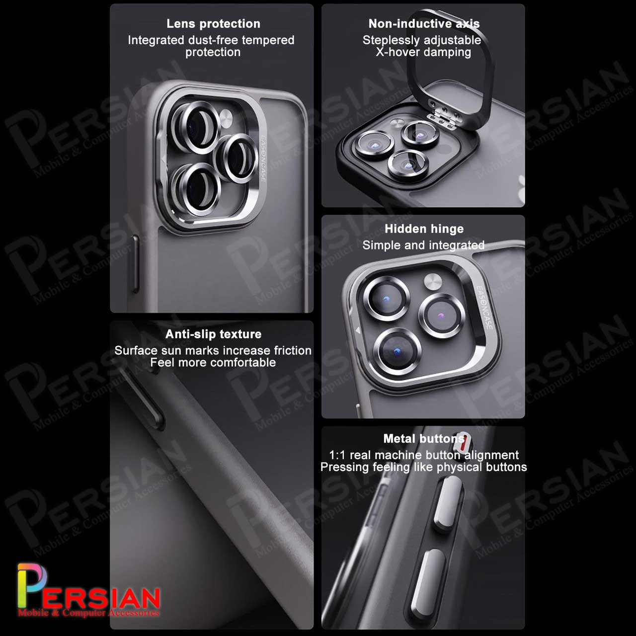 قاب آیفون 15 پرومکس برند ایسون کیس شفاف استند شو با محافظ لنز رینگی  Eason Case IPhone 15 Pro Max