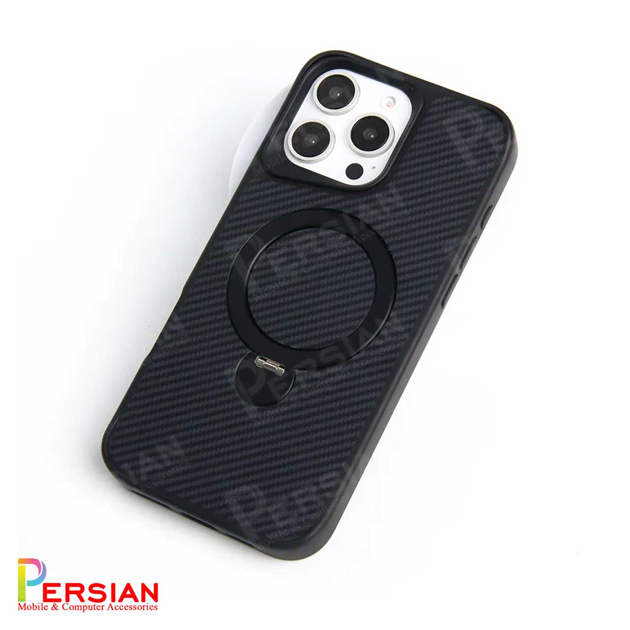 قاب گوشی آیفون 13 طرح فیبر کربن مگ سیف استند شو برند مجیک ماسک Fiber Carbon Magic Mask Case iPhone 13