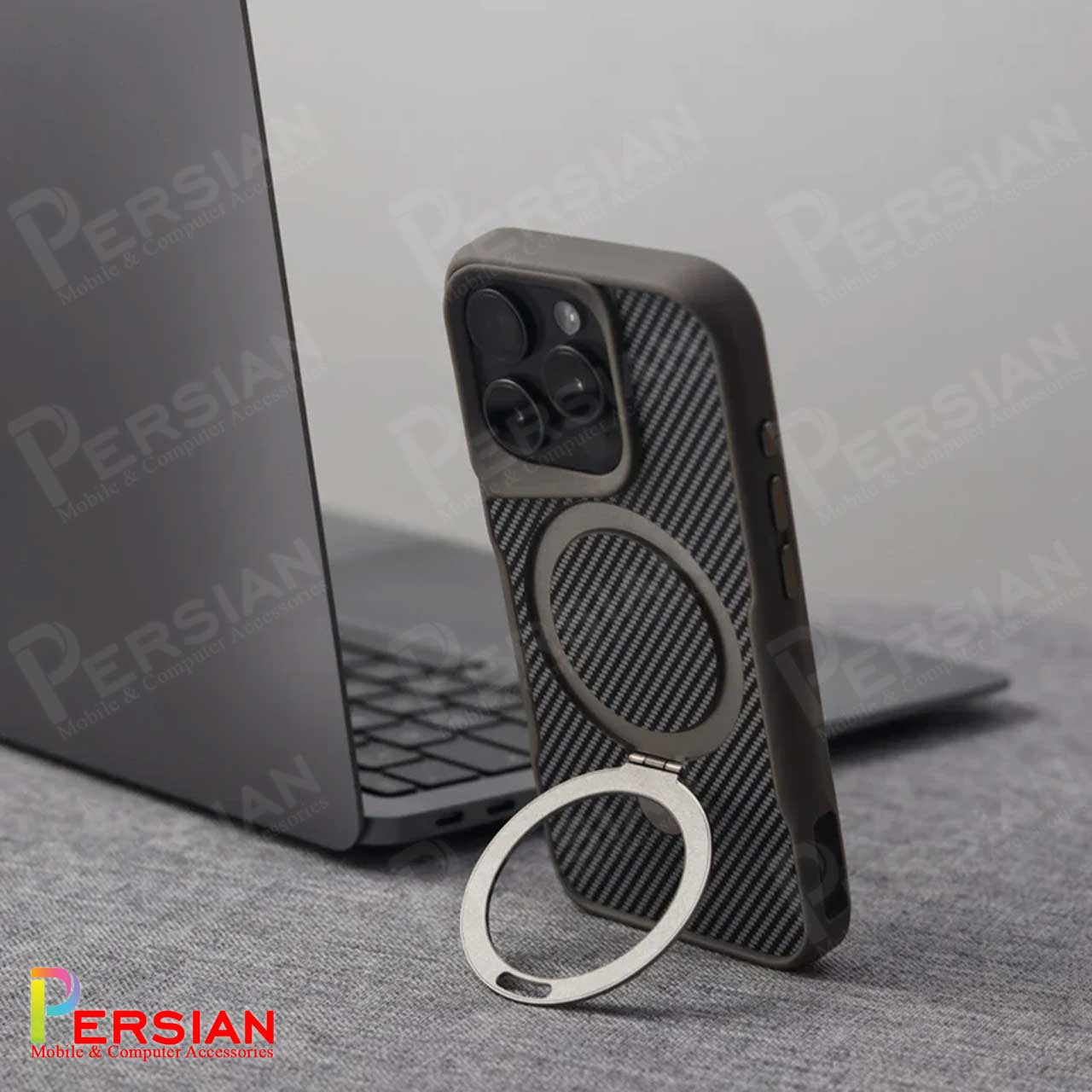 قاب گوشی آیفون 16 پرومکس طرح فیبر کربن مگ سیف استند شو برند مجیک ماسک Fiber Carbon Magic Mask Case iPhone 16 Pro Max