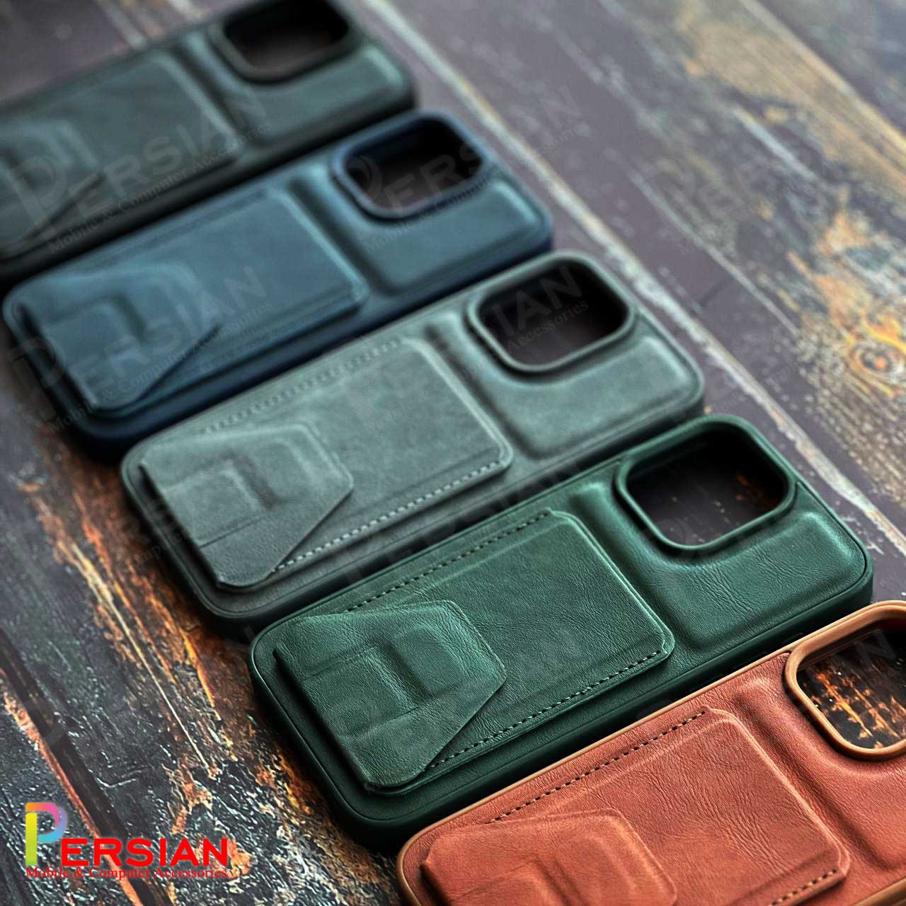 قاب چرمی آیفون 13 جاکارتی و استند شو برند مجیک ماسک MagicMask Leather Case With iPhone 13