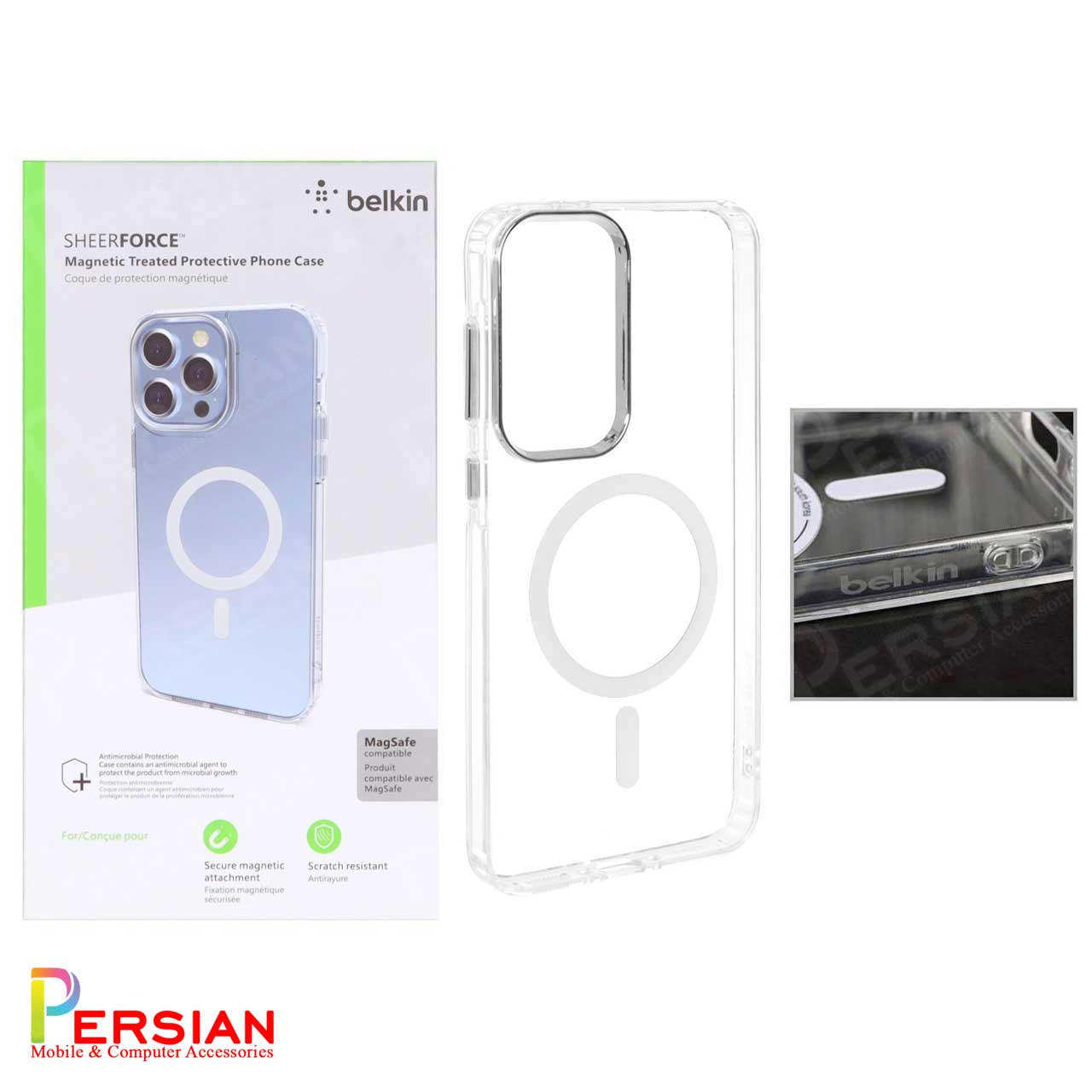 قاب شفاف گوشی سامسونگ A36 برند بلکین با مگ سیف و دکمه و رینگ متال Belkin For Samsung A36