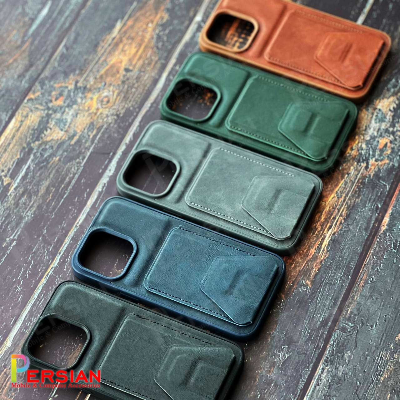 قاب چرمی آیفون 15 پرومکس جاکارتی و استند شو برند مجیک ماسک MagicMask Leather Case With iPhone 15 Pro Max