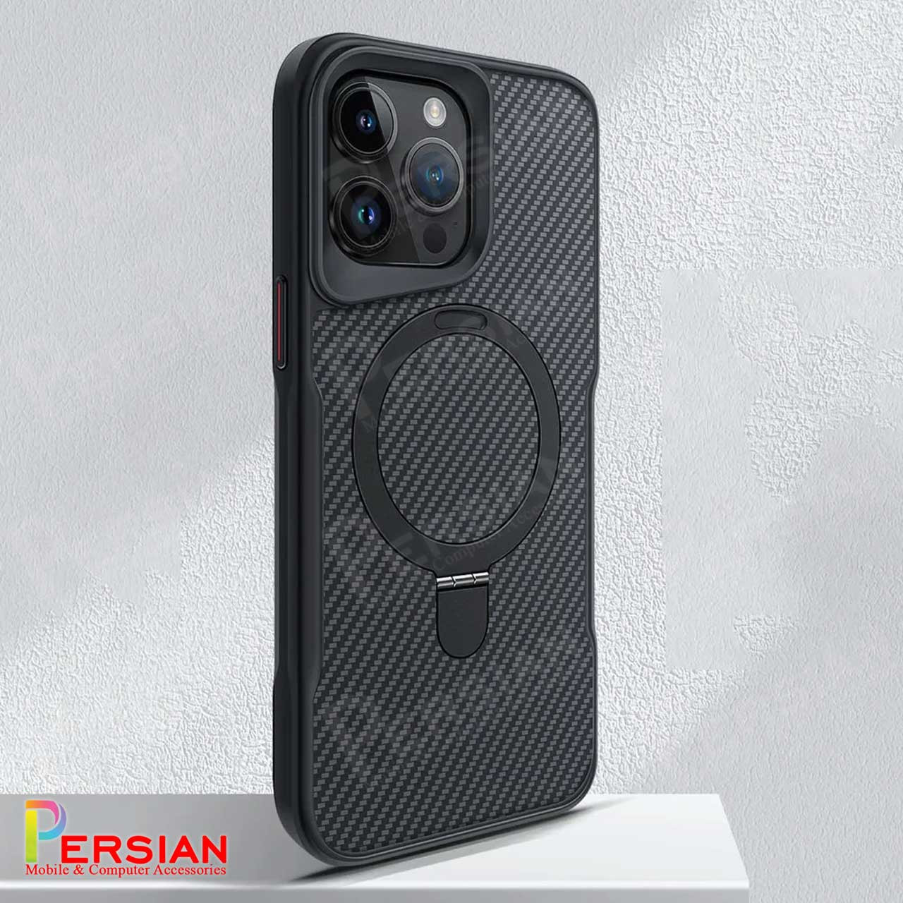 قاب گوشی آیفون 13 طرح فیبر کربن مگ سیف استند شو برند مجیک ماسک Fiber Carbon Magic Mask Case iPhone 13