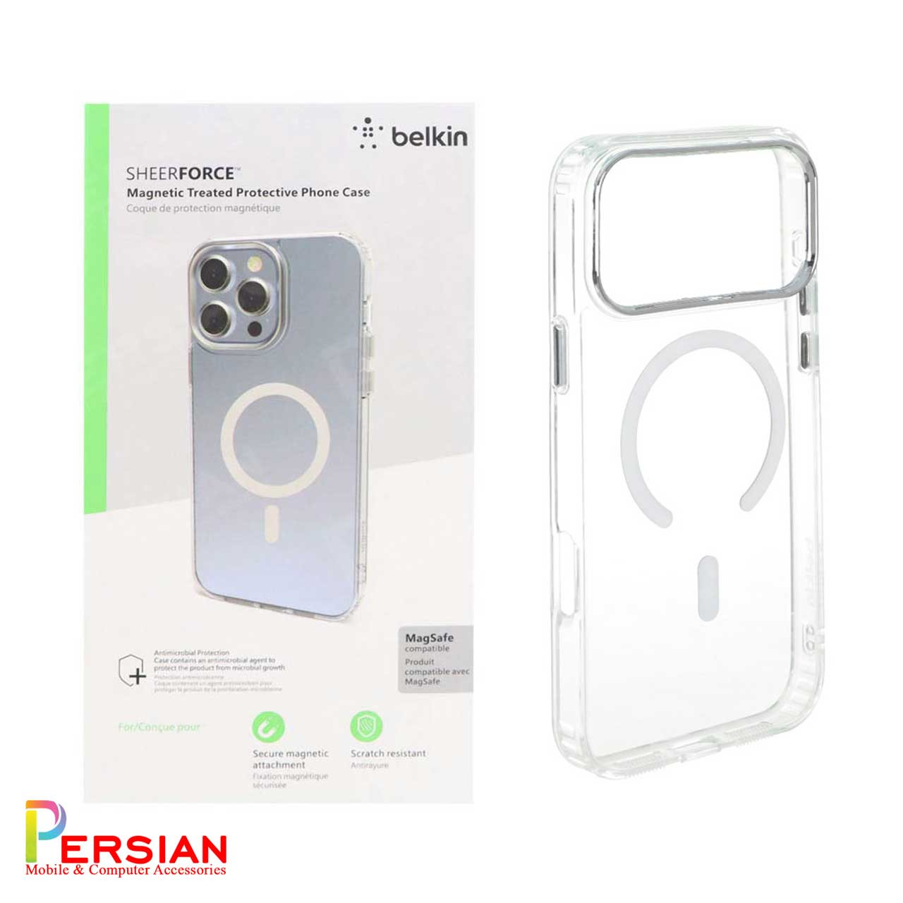 قاب شفاف گوشی آیفون 17 پرو برند بلکین با مگ سیف و دکمه و رینگ متال Belkin For IPhone 17 Pro