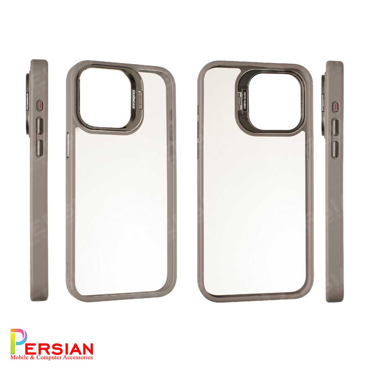 قاب آیفون 15 پرومکس برند ایسون کیس شفاف استند شو با محافظ لنز رینگی  Eason Case IPhone 15 Pro Max