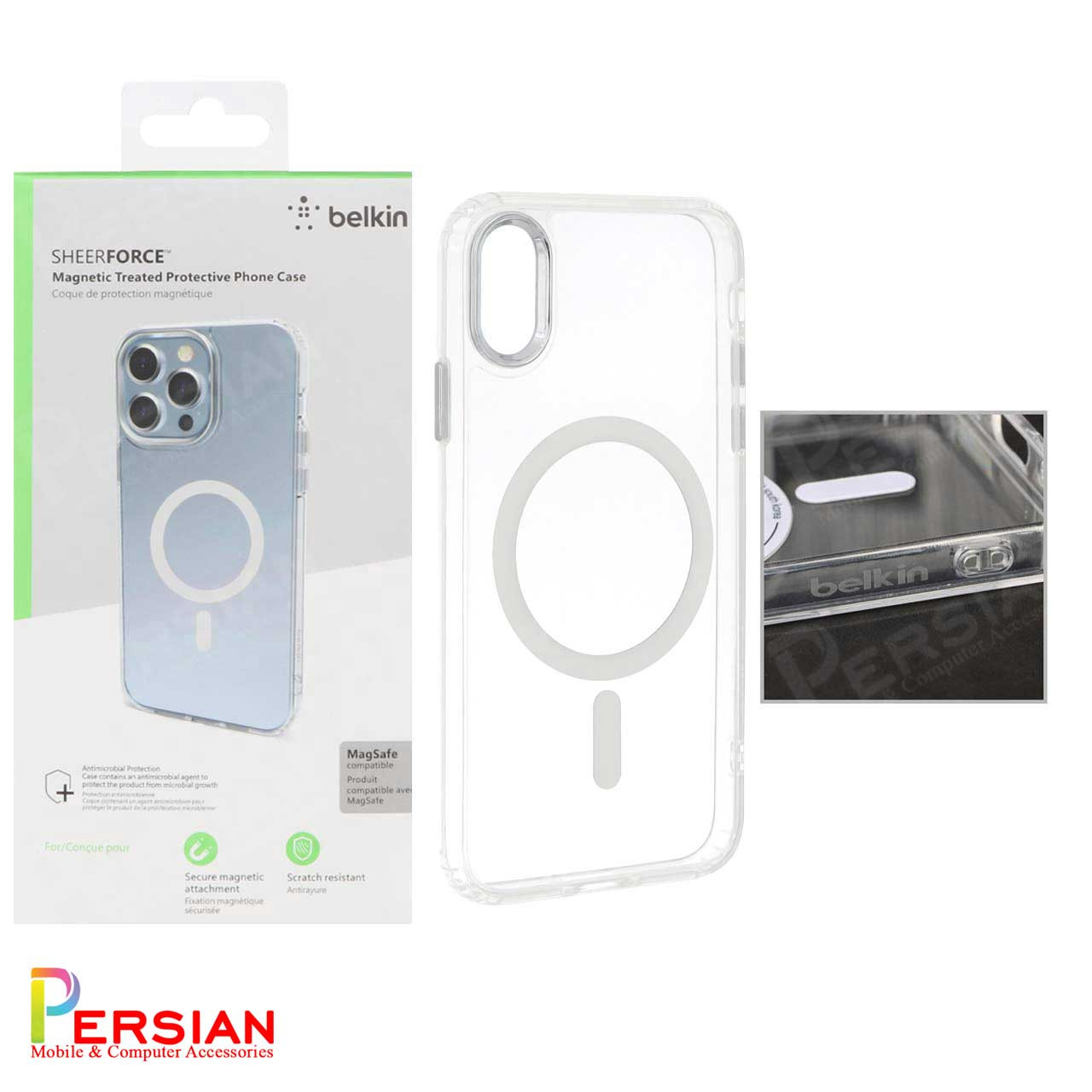 قاب شفاف گوشی آیفون X/Xs برند بلکین با مگ سیف و دکمه و رینگ متال Belkin For IPhone X/Xs