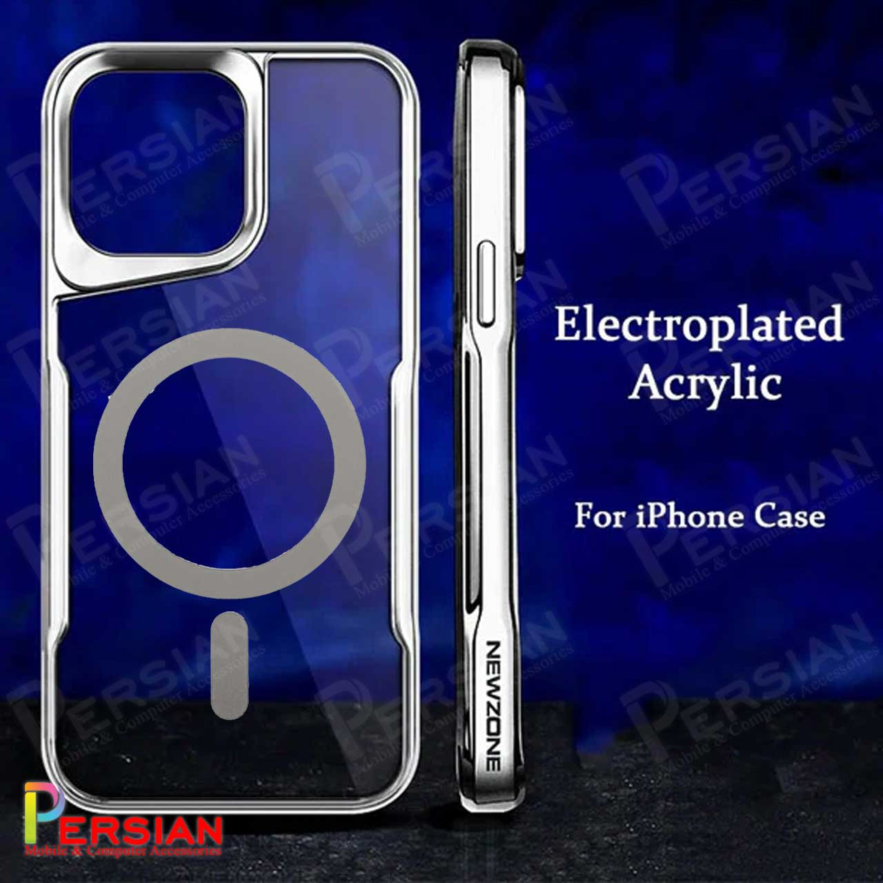 قاب آبفون 13 برند New Zone پشت شفاف دور اکرلیک با مگ سیف New Zone Acrylic Transparent Electroplated IPhone 13