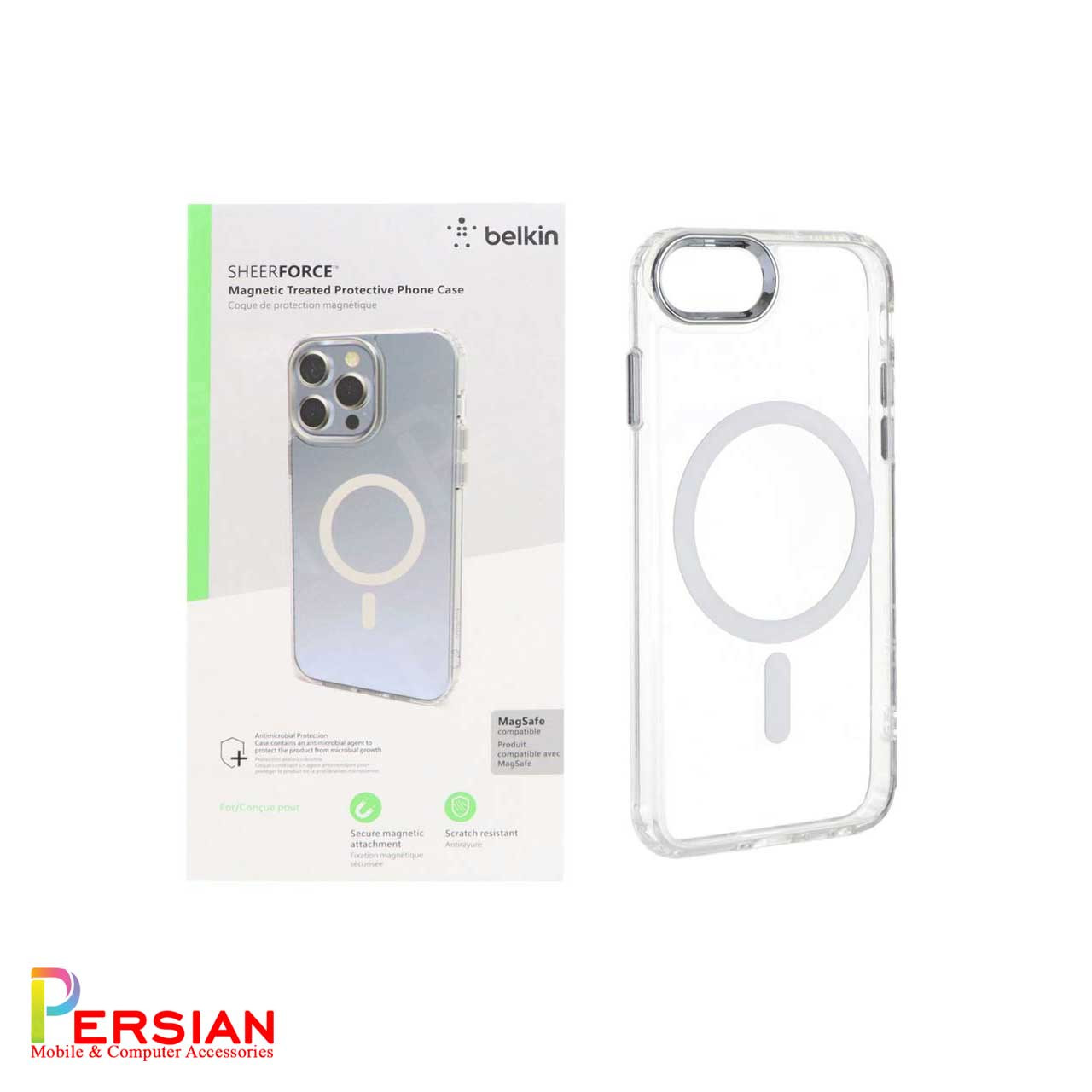 قاب شفاف گوشی آیفون 7/8/se برند بلکین با مگ سیف و دکمه و رینگ متال Belkin For IPhone 7/8/se