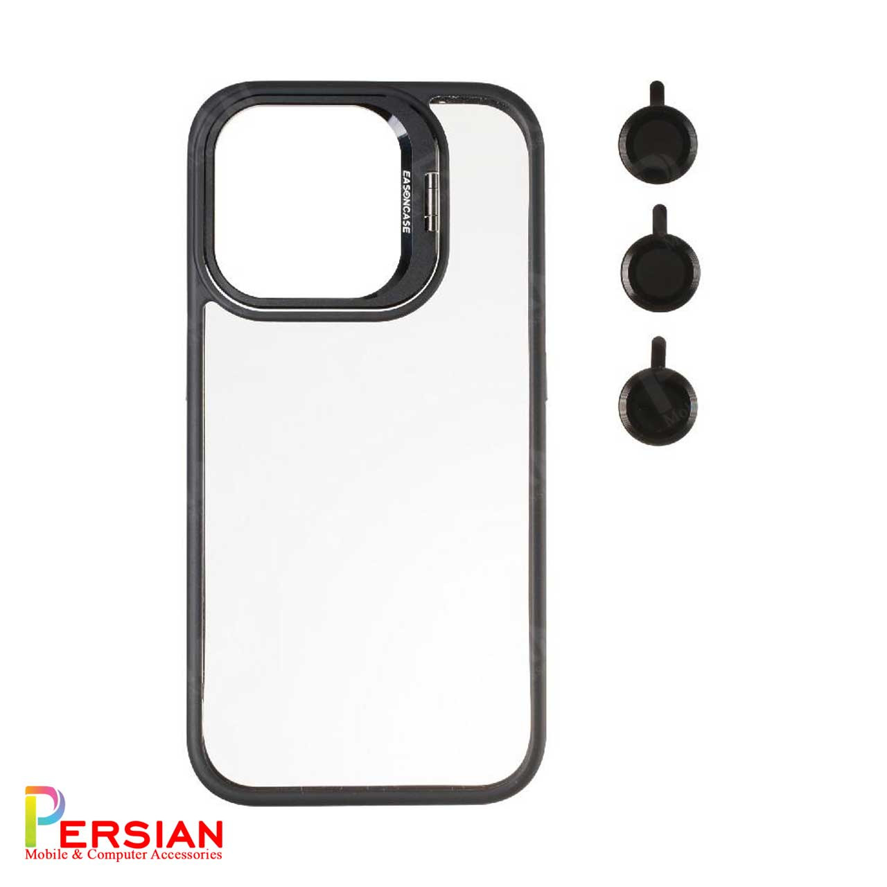 قاب آیفون 15 پرومکس برند ایسون کیس شفاف استند شو با محافظ لنز رینگی  Eason Case IPhone 15 Pro Max