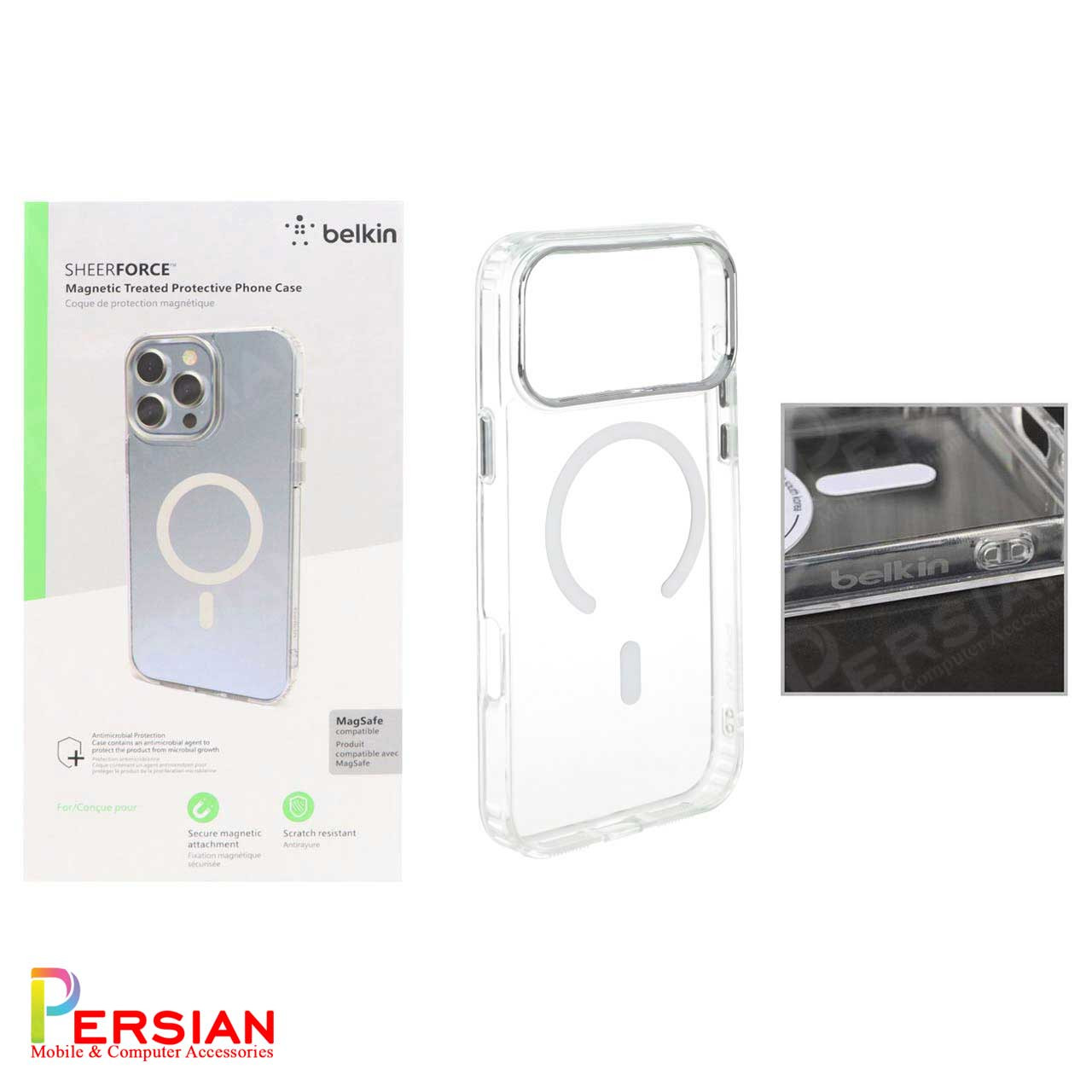 قاب شفاف گوشی آیفون 17 پرومکس برند بلکین با مگ سیف و دکمه و رینگ متال Belkin For IPhone 17 Pro Max