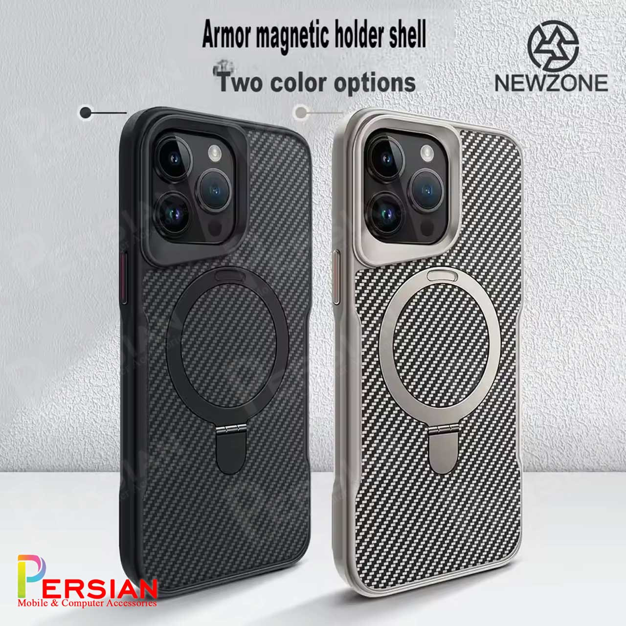 قاب گوشی آیفون 16 پرومکس طرح فیبر کربن مگ سیف استند شو برند مجیک ماسک Fiber Carbon Magic Mask Case iPhone 16 Pro Max