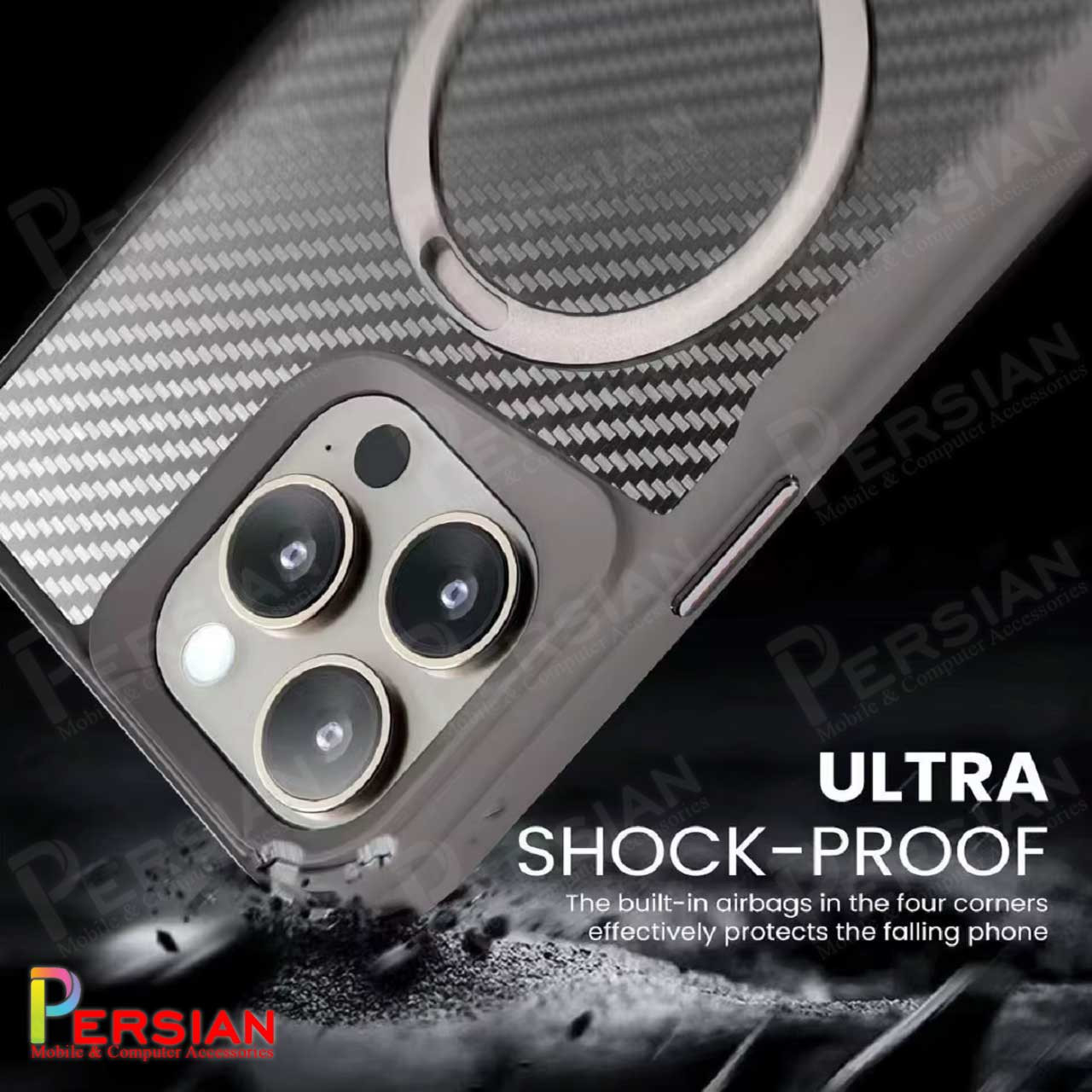 قاب گوشی آیفون 16 پرومکس طرح فیبر کربن مگ سیف استند شو برند مجیک ماسک Fiber Carbon Magic Mask Case iPhone 16 Pro Max