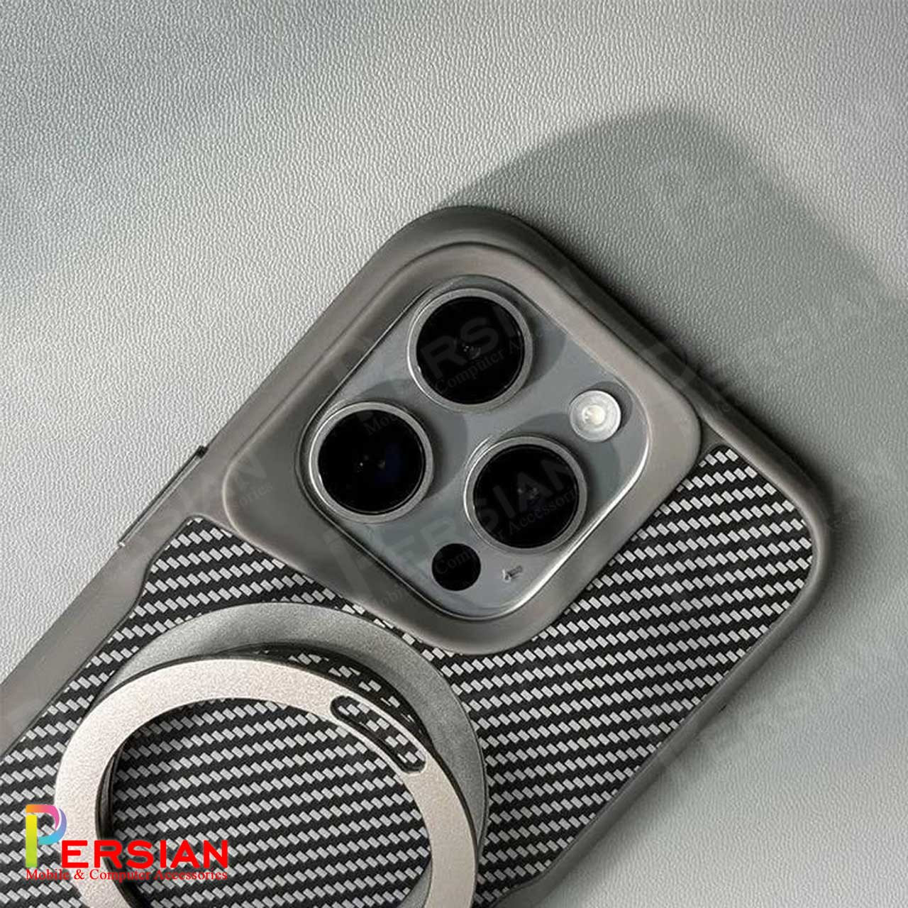 قاب گوشی آیفون 16 پرومکس طرح فیبر کربن مگ سیف استند شو برند مجیک ماسک Fiber Carbon Magic Mask Case iPhone 16 Pro Max
