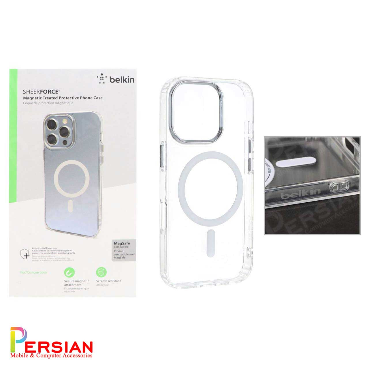 قاب شفاف گوشی آیفون 16 پرومکس برند بلکین با مگ سیف و دکمه و رینگ متال Belkin For IPhone 16 Pro Max