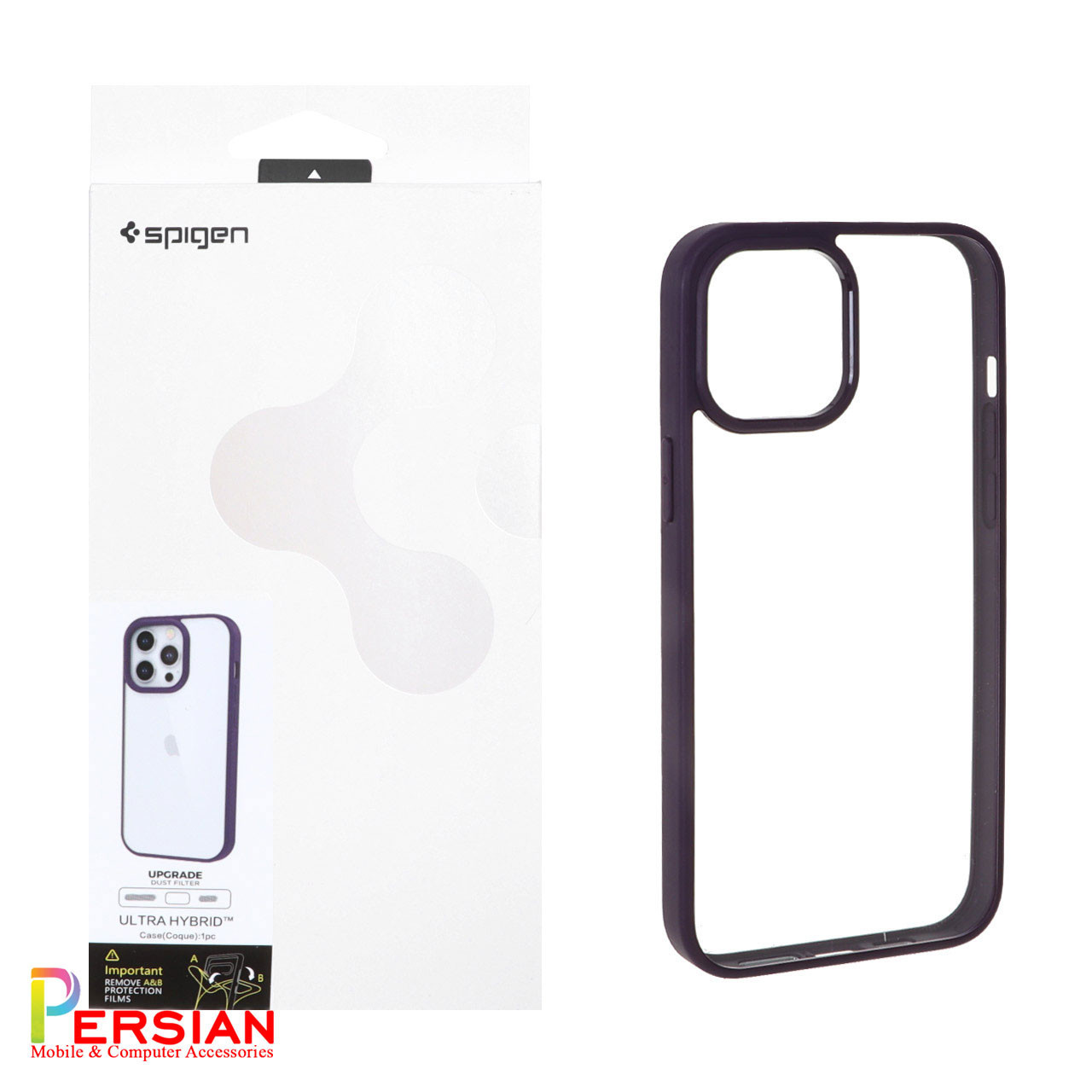 قاب آیفون 15 پرومکس برند اسپیگن شفاف دور رنگی با محافظ اسپیکر Spigen Ultra Hybrid iPhone 15 Pro Max