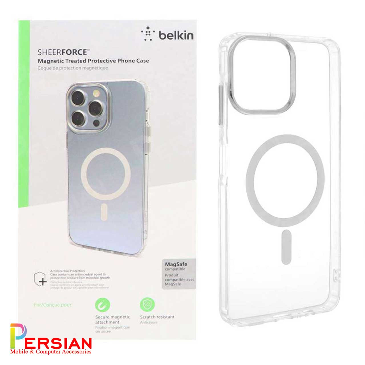 قاب شفاف گوشی سامسونگ A07 برند بلکین با مگ سیف و دکمه و رینگ متال Belkin For Samsung A07