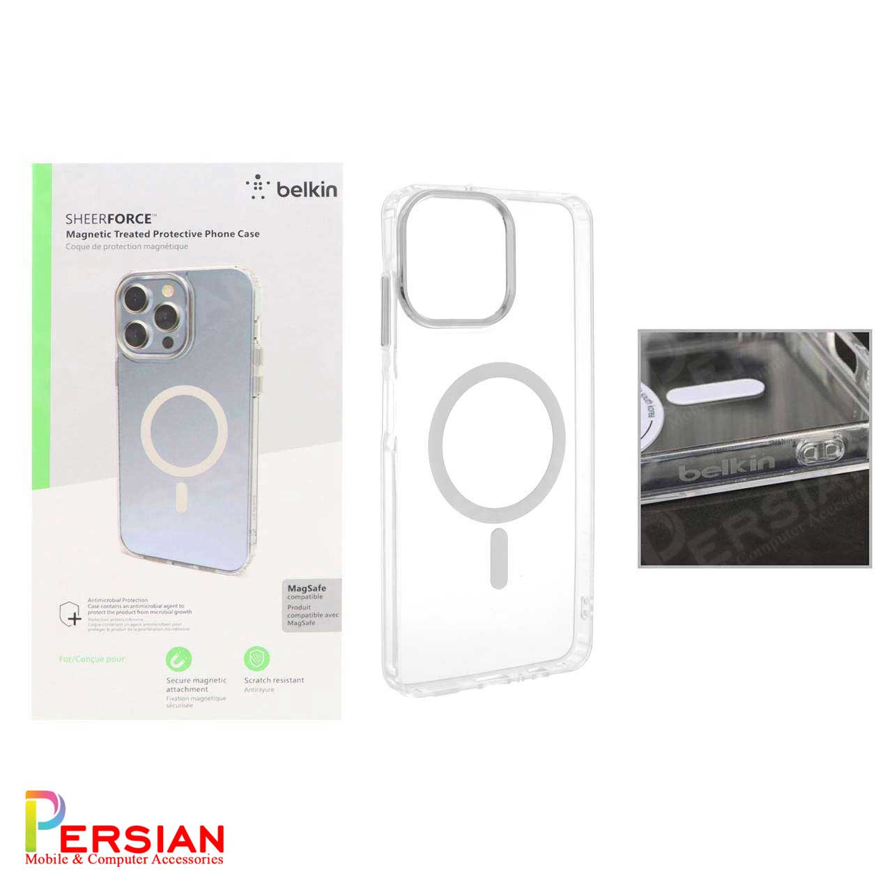 قاب شفاف گوشی سامسونگ A06 برند بلکین با مگ سیف و دکمه و رینگ متال Belkin For Samsung A06