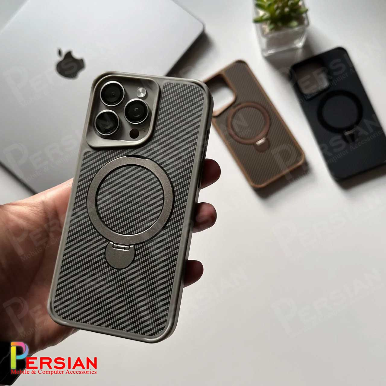 قاب گوشی آیفون 16 پرومکس طرح فیبر کربن مگ سیف استند شو برند مجیک ماسک Fiber Carbon Magic Mask Case iPhone 16 Pro Max