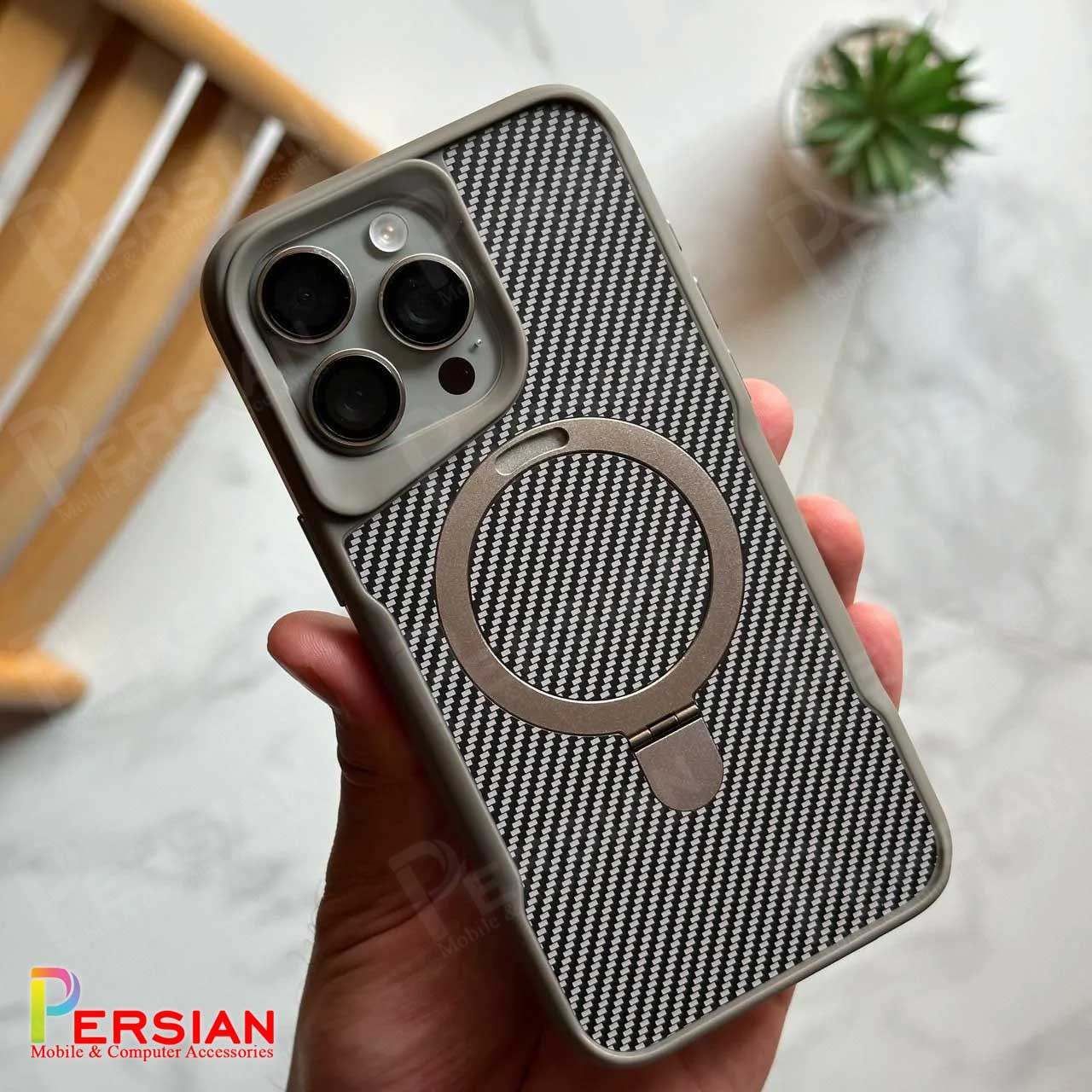 قاب گوشی آیفون 16 پرومکس طرح فیبر کربن مگ سیف استند شو برند مجیک ماسک Fiber Carbon Magic Mask Case iPhone 16 Pro Max