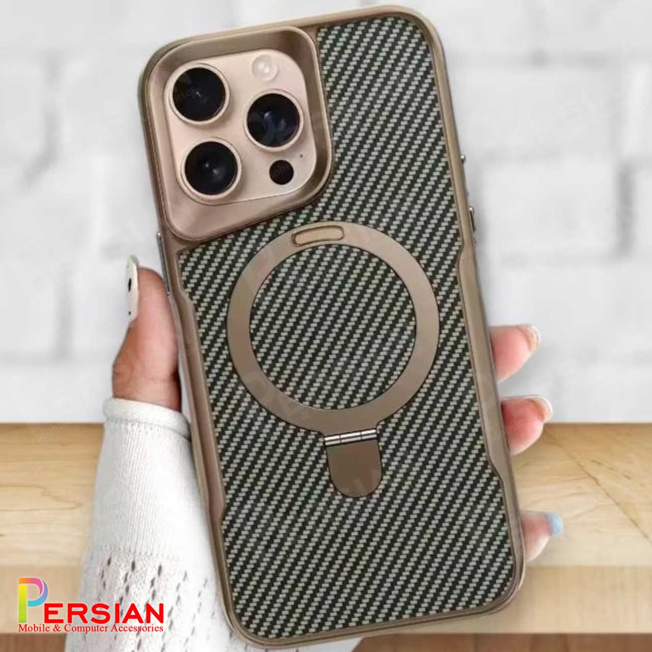 قاب گوشی آیفون 16 پرومکس طرح فیبر کربن مگ سیف استند شو برند مجیک ماسک Fiber Carbon Magic Mask Case iPhone 16 Pro Max