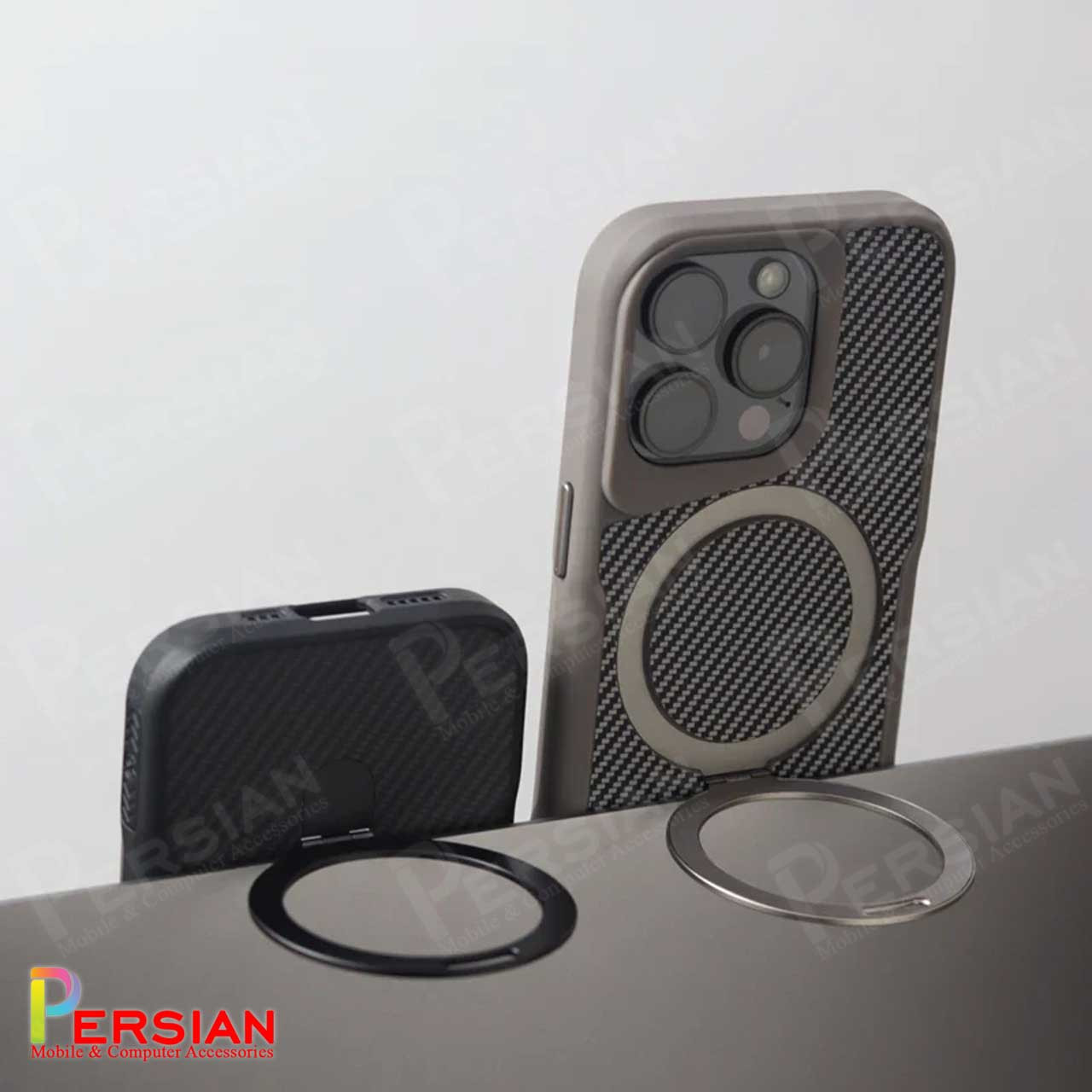 قاب گوشی آیفون 16 پرومکس طرح فیبر کربن مگ سیف استند شو برند مجیک ماسک Fiber Carbon Magic Mask Case iPhone 16 Pro Max