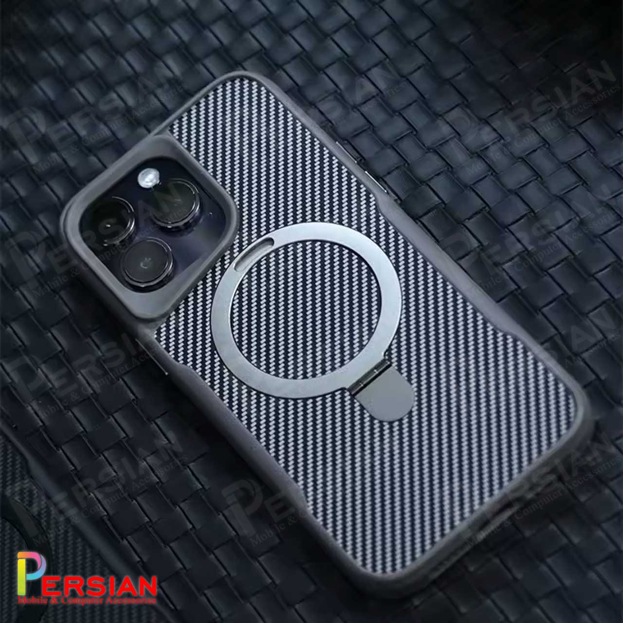قاب گوشی آیفون 16 پرومکس طرح فیبر کربن مگ سیف استند شو برند مجیک ماسک Fiber Carbon Magic Mask Case iPhone 16 Pro Max